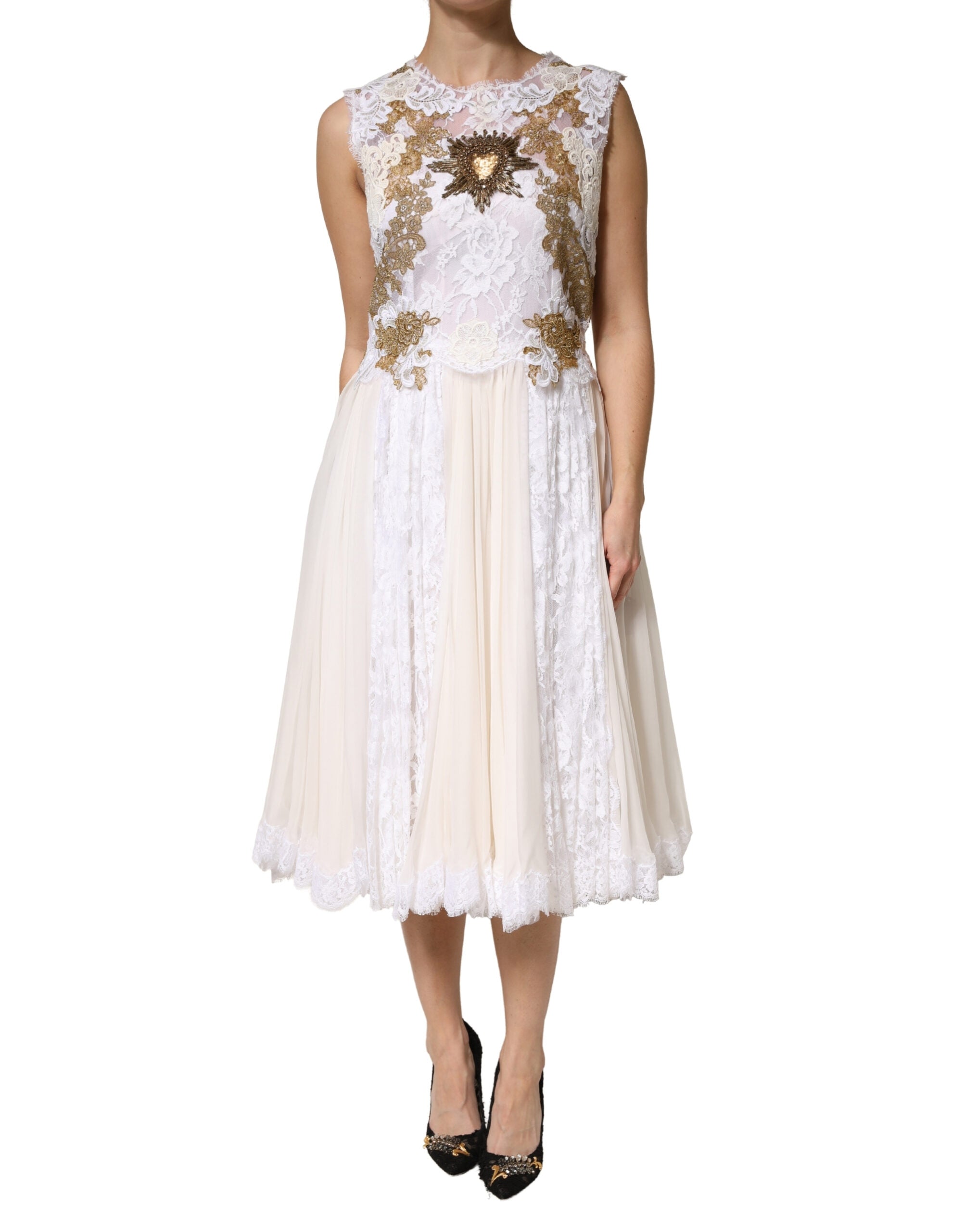 Dolce & Gabbana Ivory Lace Silk Embellished Sleeveless Women's Dress