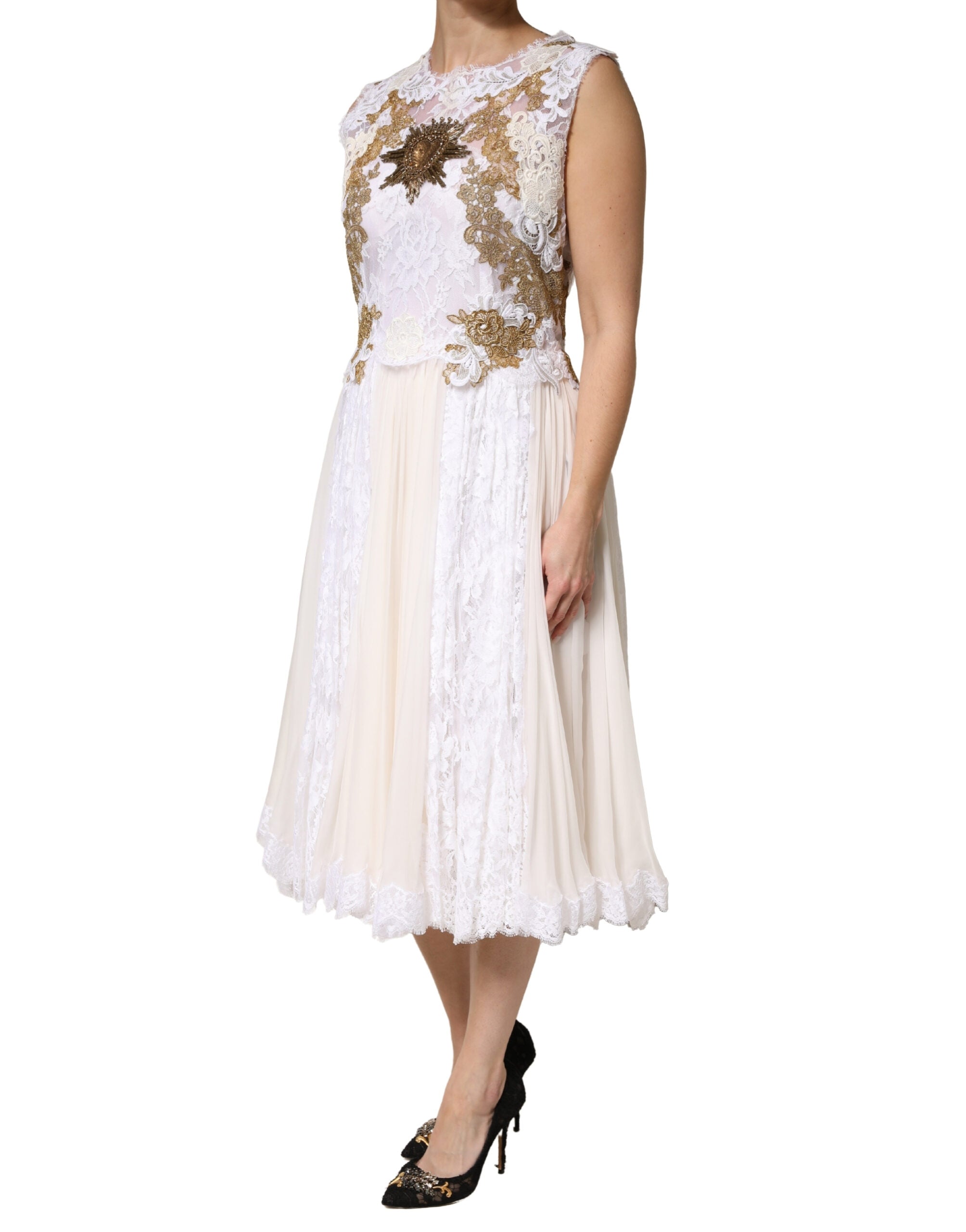 Dolce & Gabbana Ivory Lace Silk Embellished Sleeveless Women's Dress