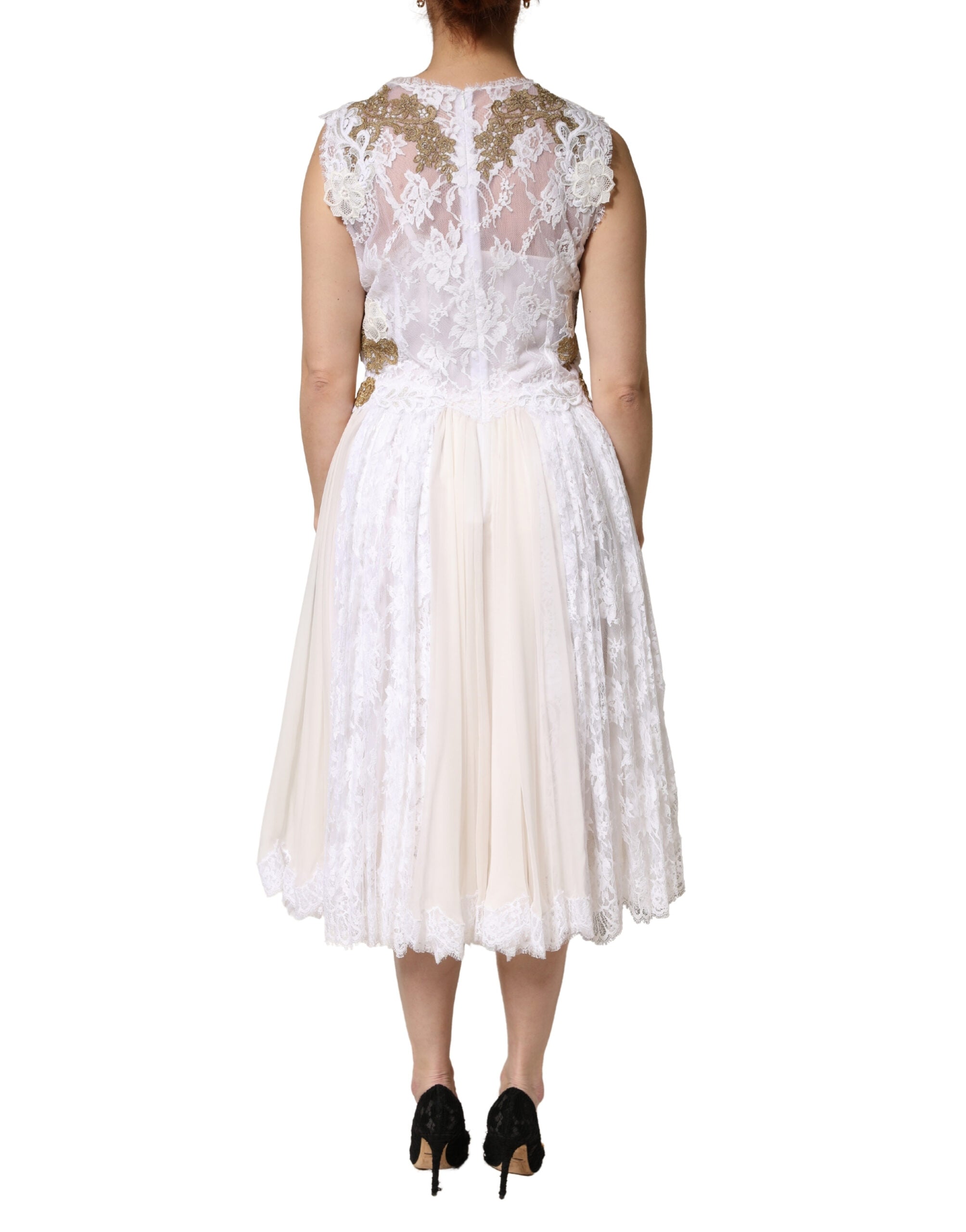 Dolce & Gabbana Ivory Lace Silk Embellished Sleeveless Women's Dress