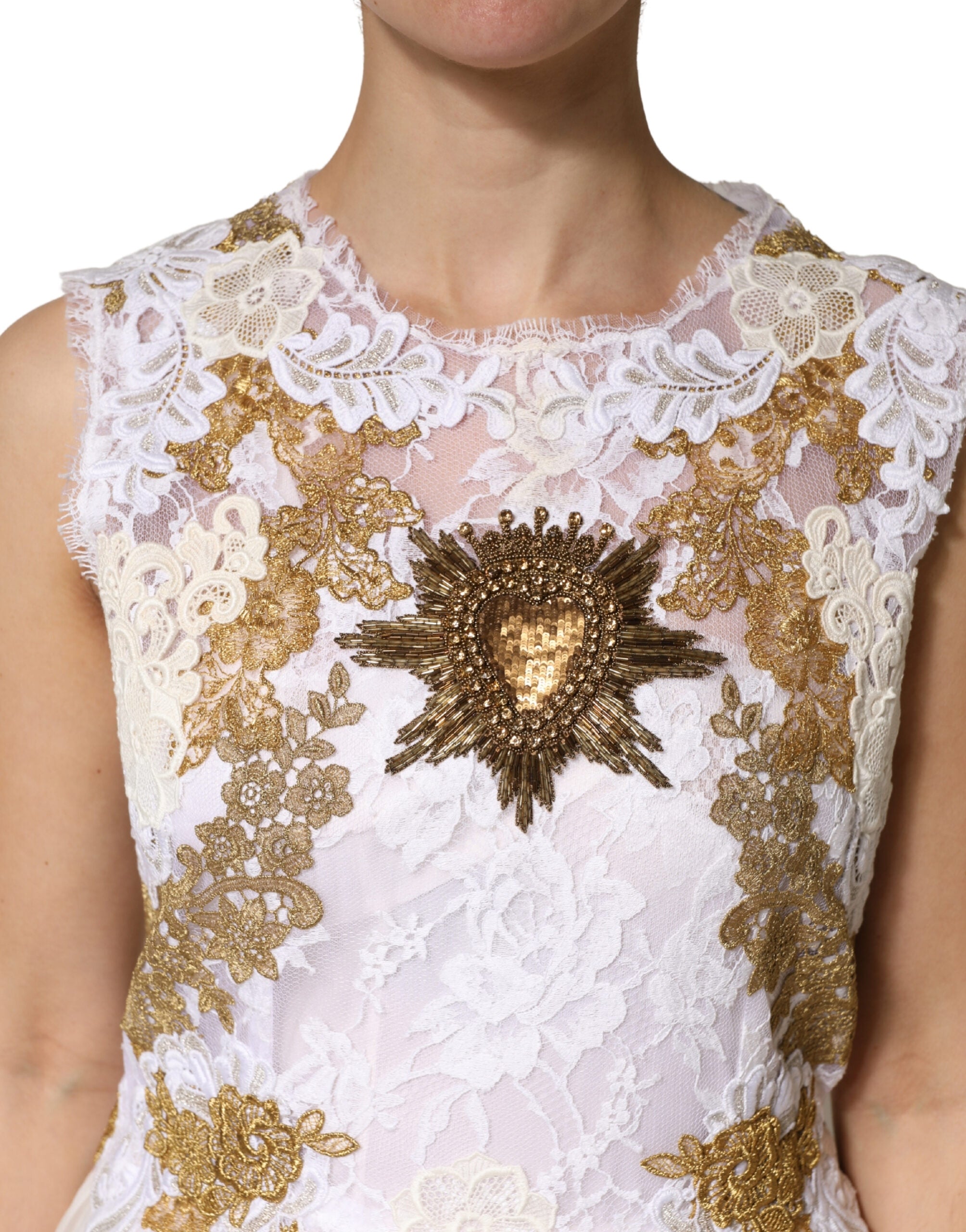 Dolce & Gabbana Ivory Lace Silk Embellished Sleeveless Women's Dress