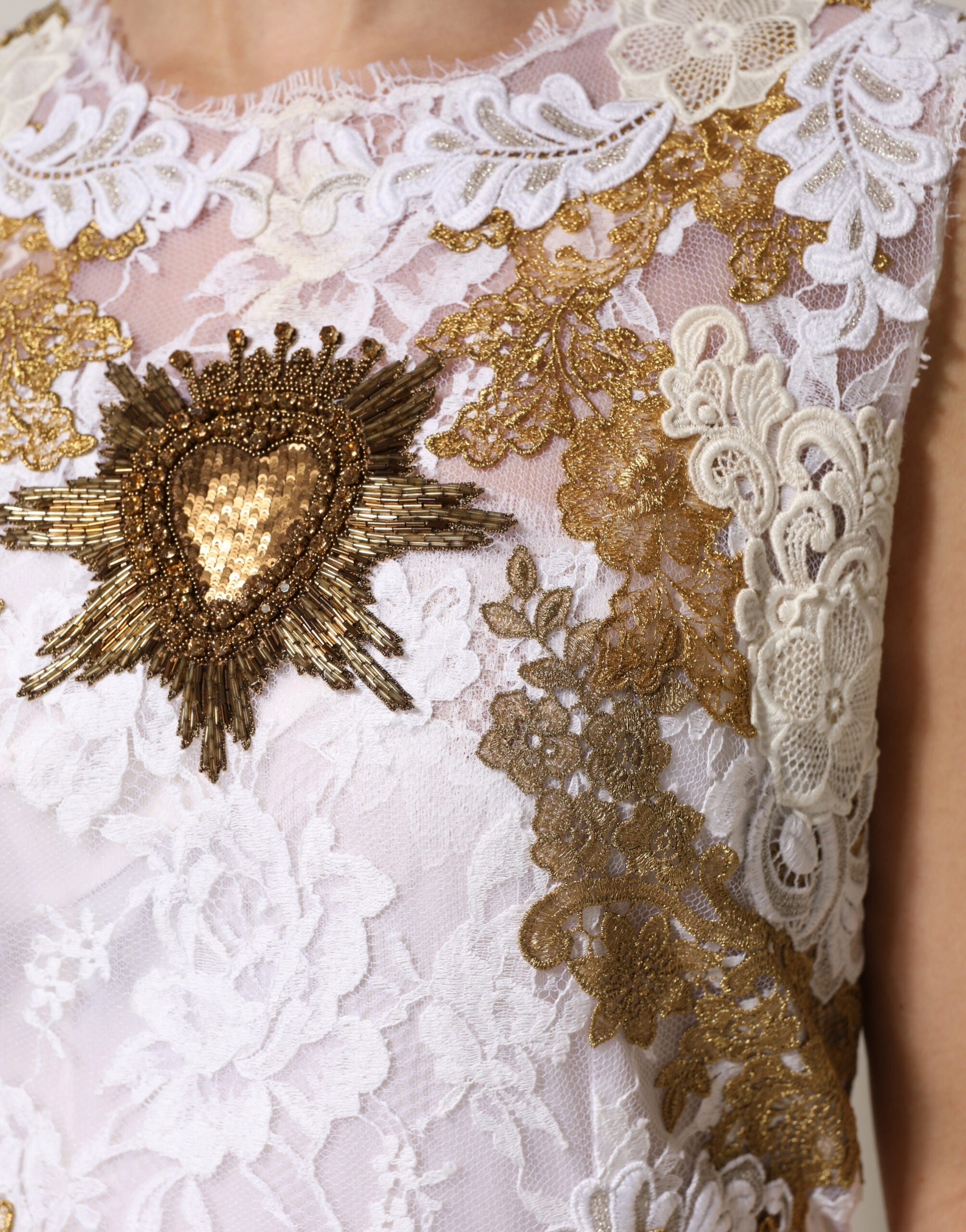 Dolce & Gabbana Ivory Lace Silk Embellished Sleeveless Women's Dress