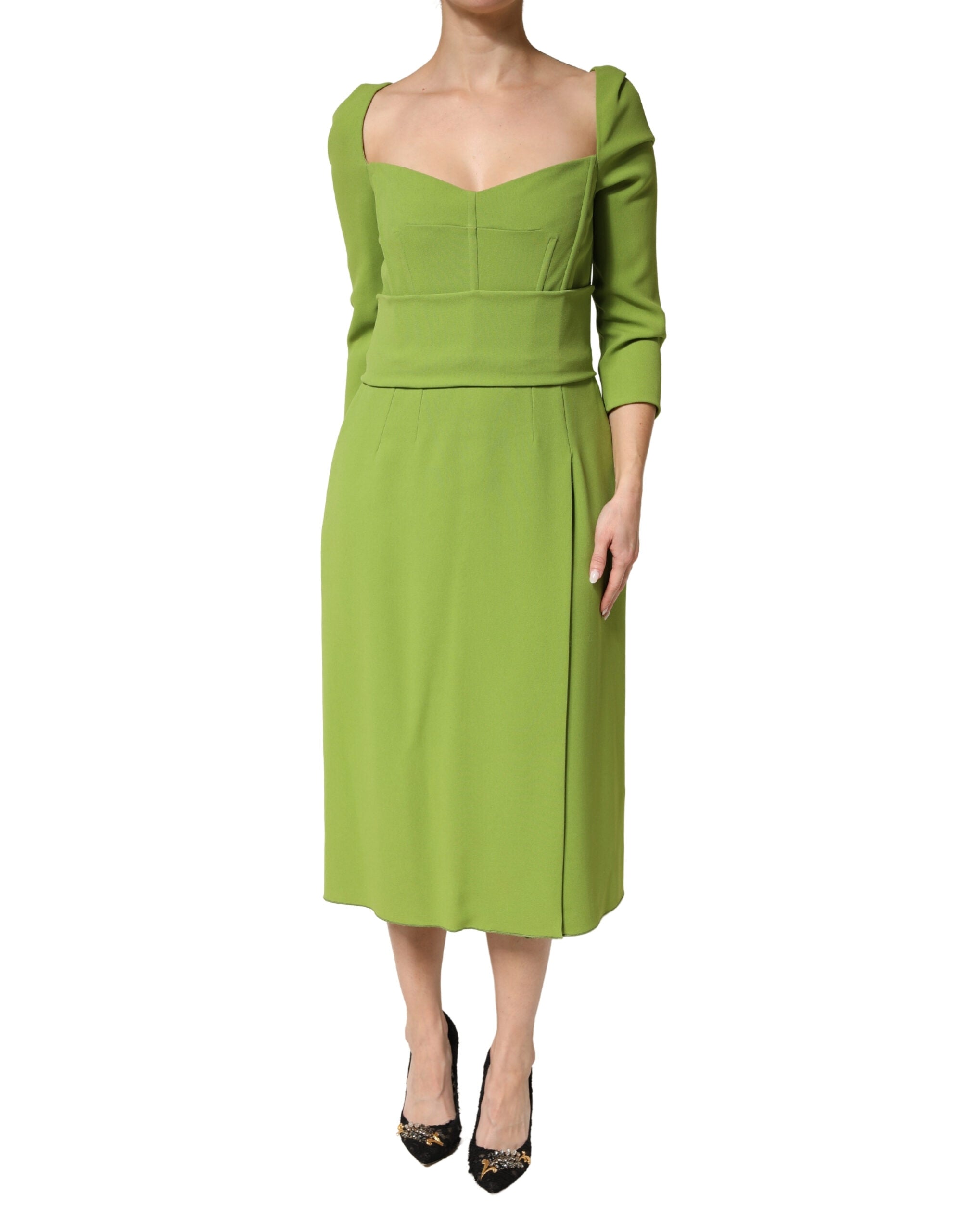 Dolce & Gabbana Green Silk Sweetheart Neckline Midi Women's Dress