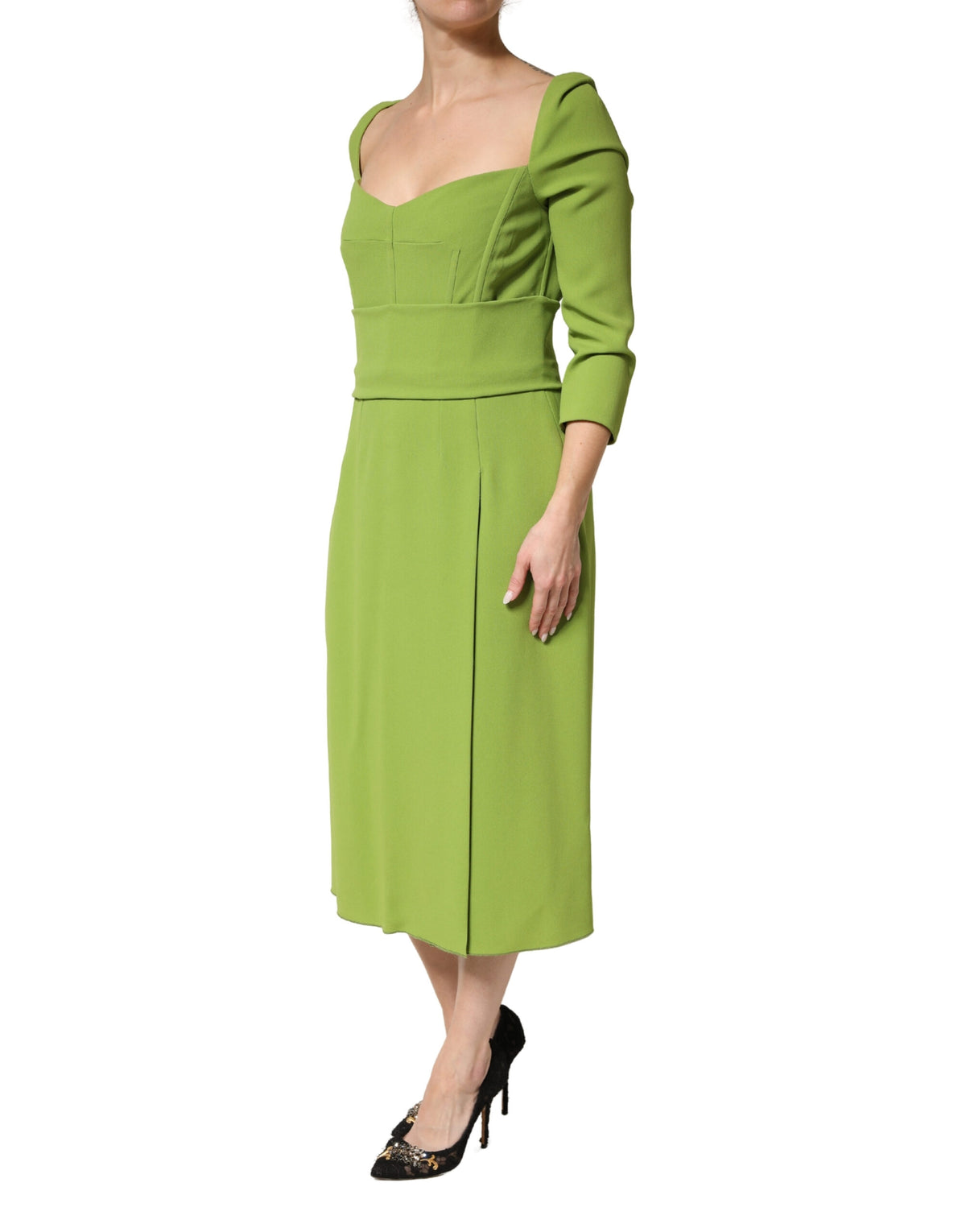 Dolce & Gabbana Green Silk Sweetheart Neckline Midi Women's Dress