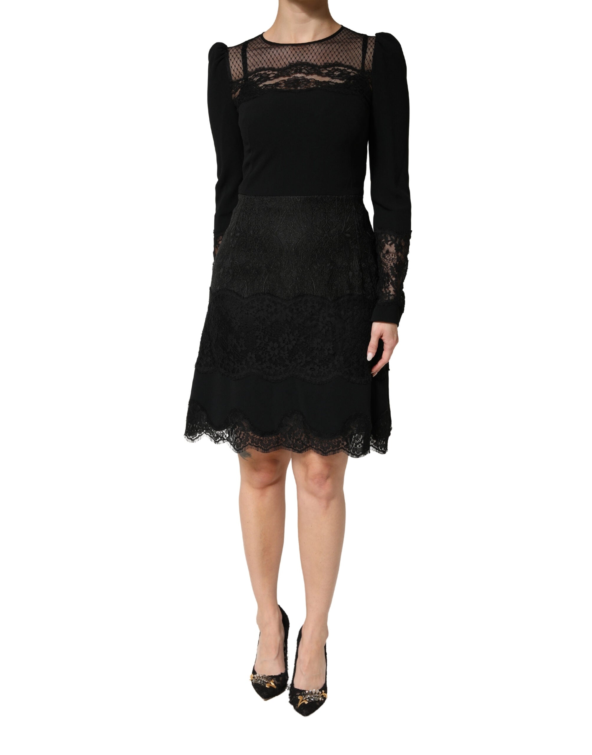 Dolce & Gabbana Black Lace Sheer Panel Midi Long Sleeve Women's Dress