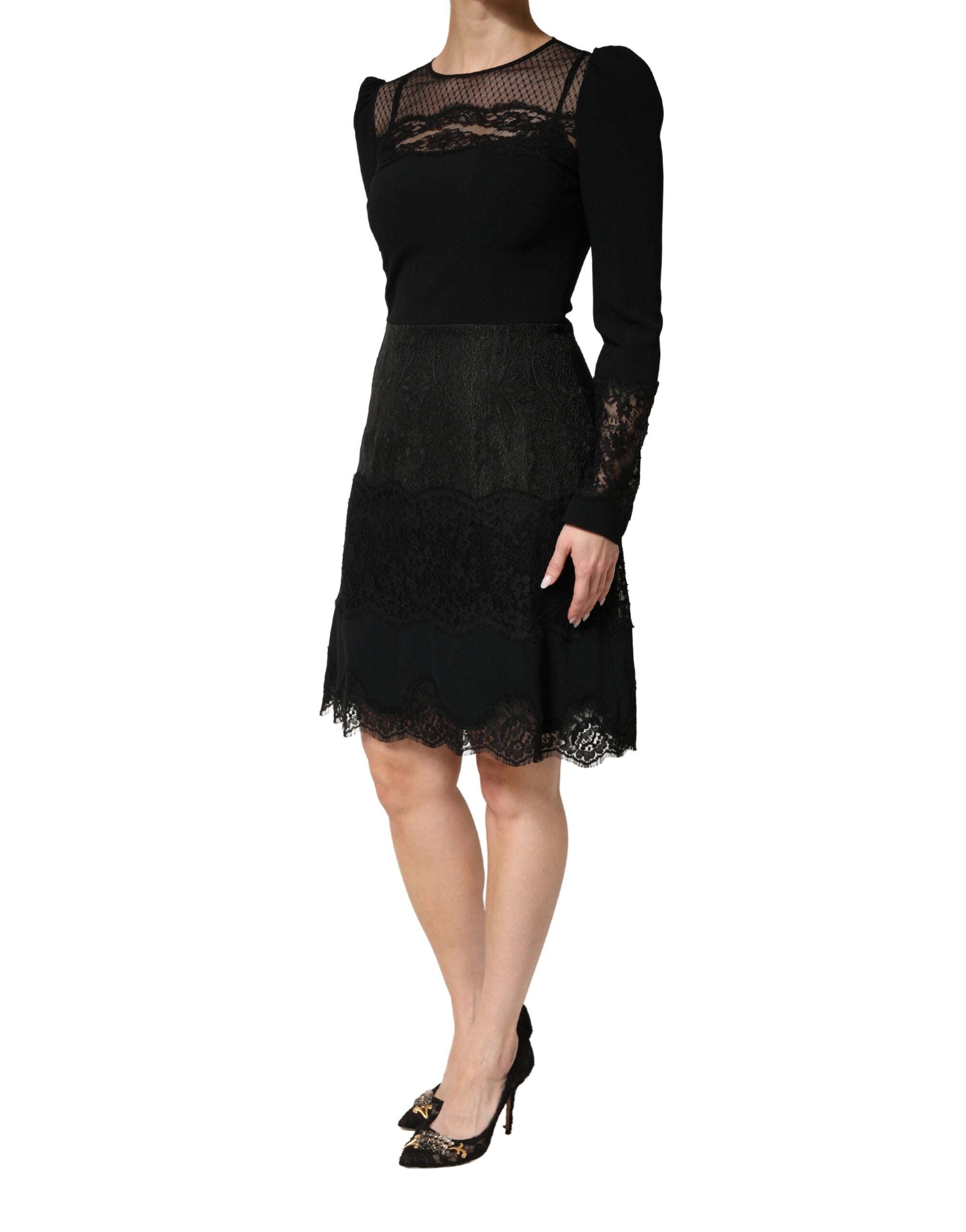 Dolce & Gabbana Black Lace Sheer Panel Midi Long Sleeve Women's Dress
