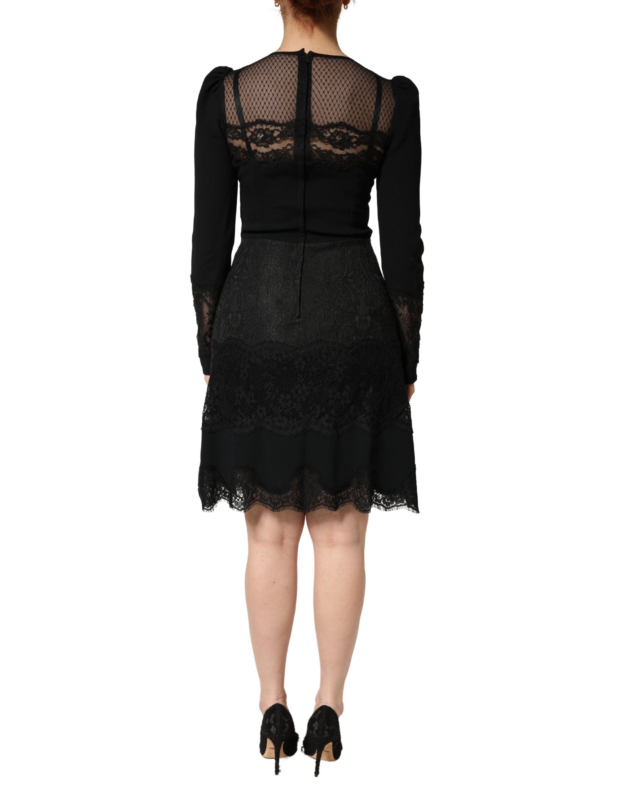 Dolce & Gabbana Black Lace Sheer Panel Midi Long Sleeve Women's Dress