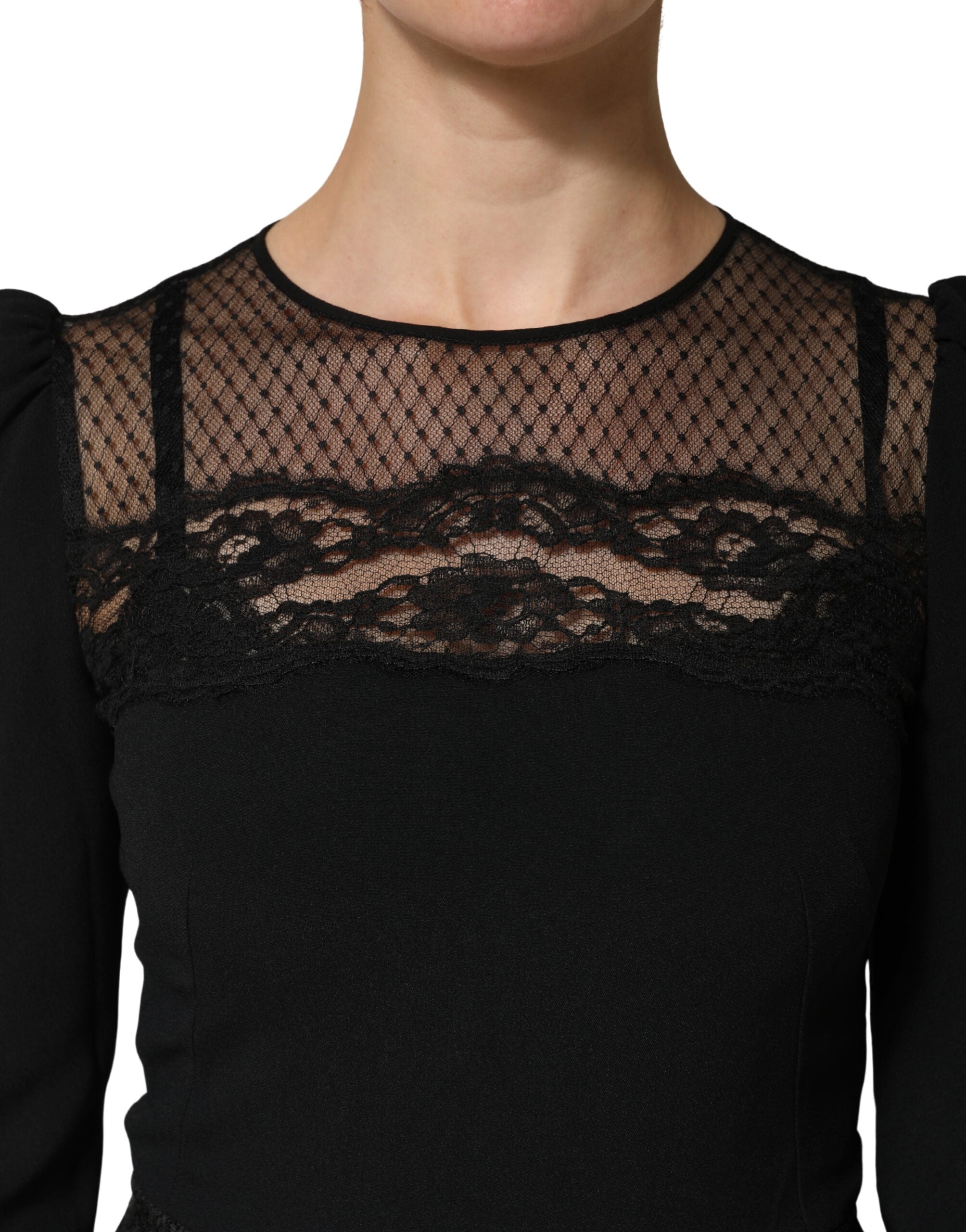 Dolce & Gabbana Black Lace Sheer Panel Midi Long Sleeve Women's Dress