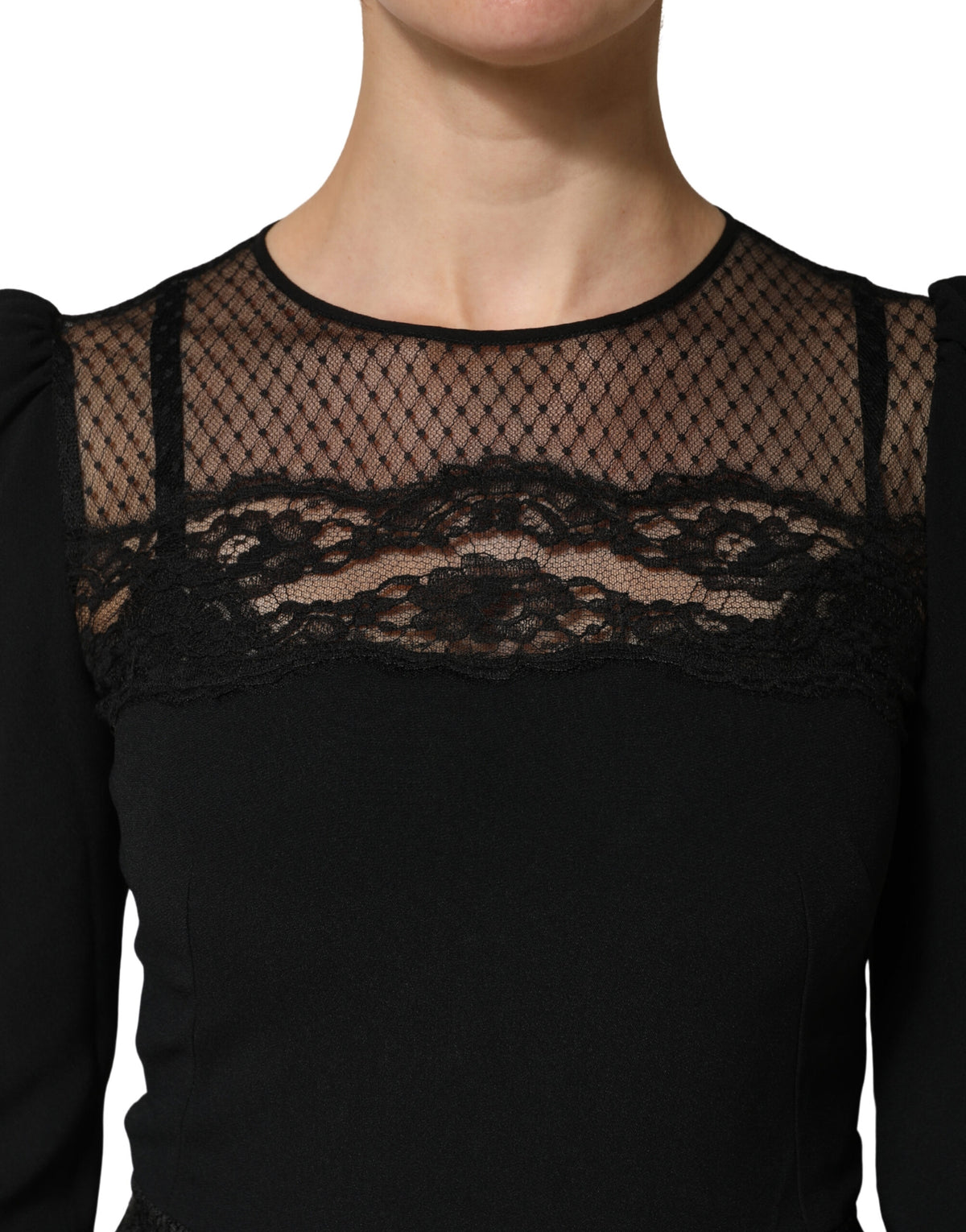 Dolce & Gabbana Black Lace Sheer Panel Midi Long Sleeve Women's Dress