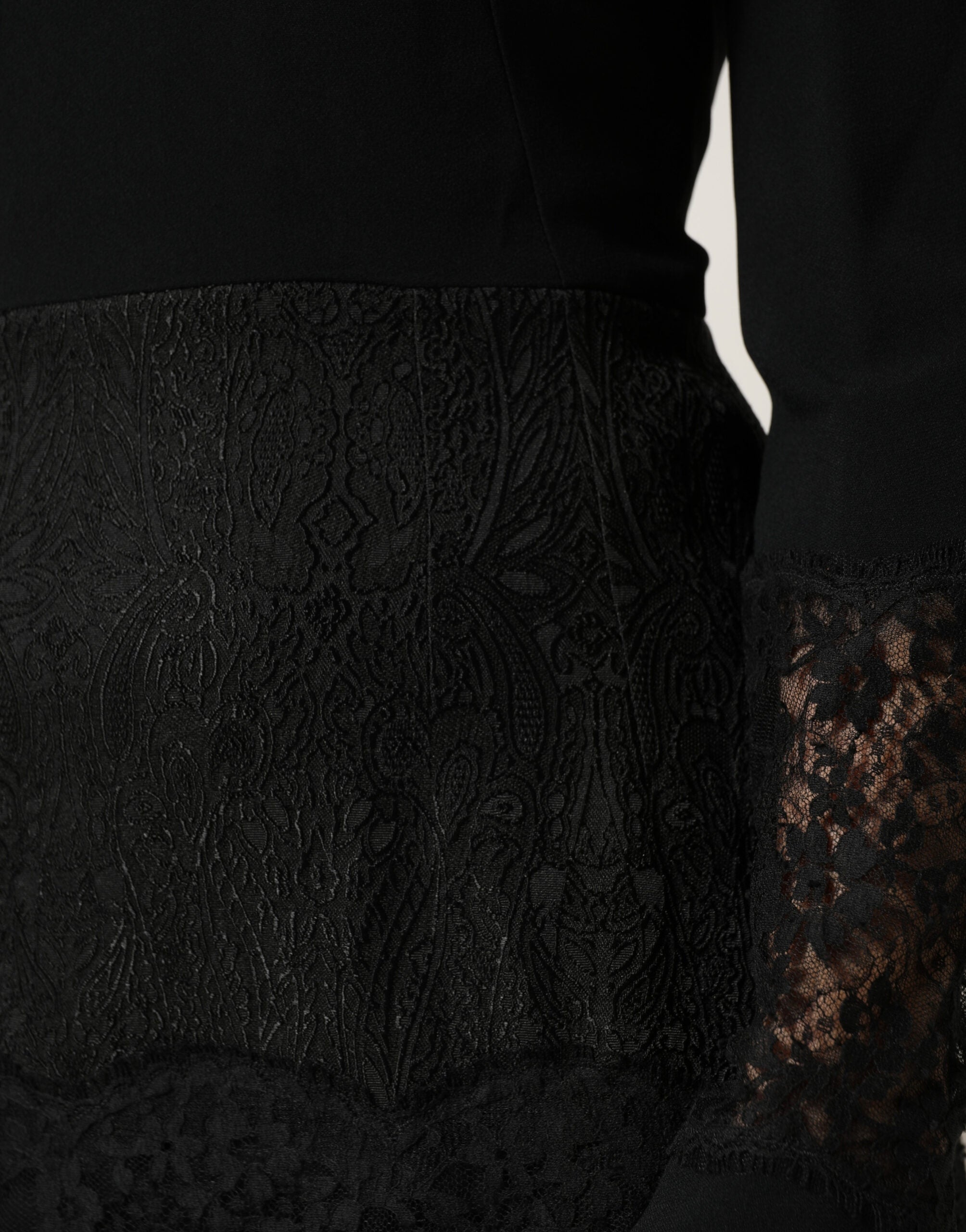 Dolce & Gabbana Black Lace Sheer Panel Midi Long Sleeve Women's Dress
