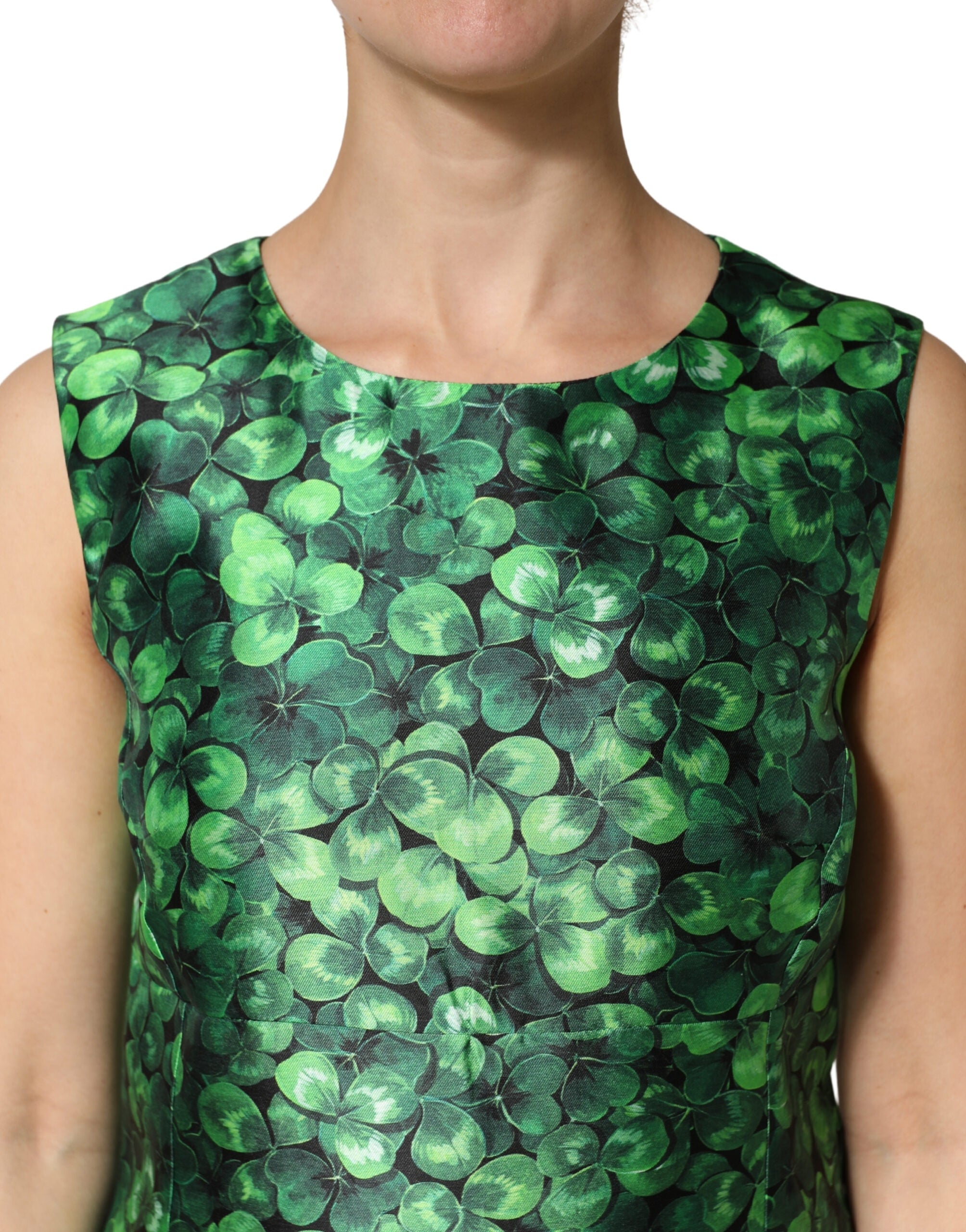 Dolce & Gabbana Green Clover Print Sleeveless A-Line Women's Dress