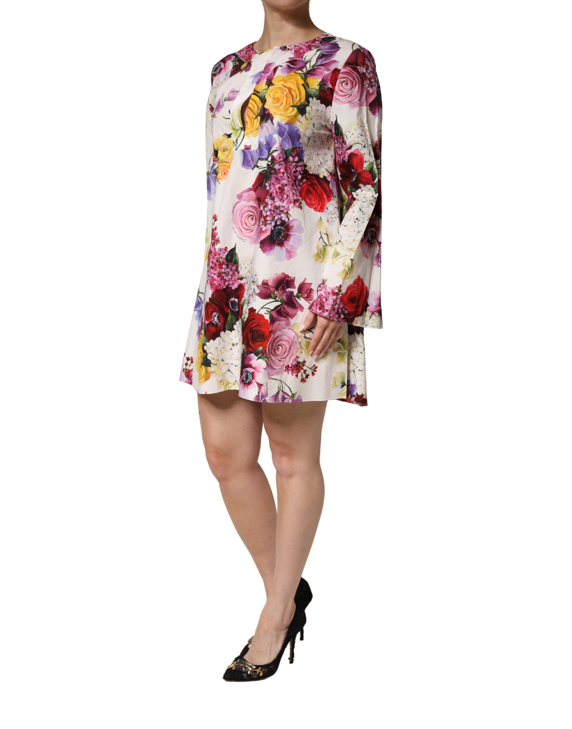 Dolce & Gabbana Multicolor Floral Cotton Longsleeves Midi Women's Dress