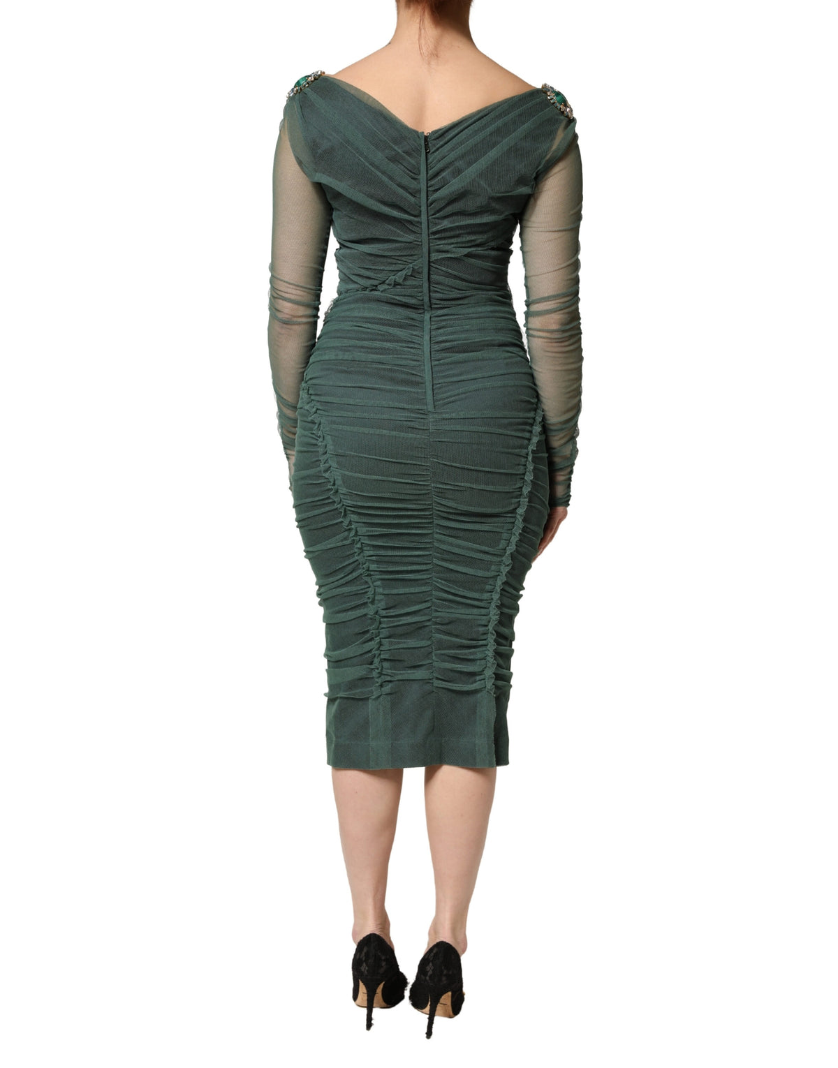 Dolce & Gabbana Green Ruched Mesh Sheer Sleeves Midi Women's Dress (Pre-Owned)