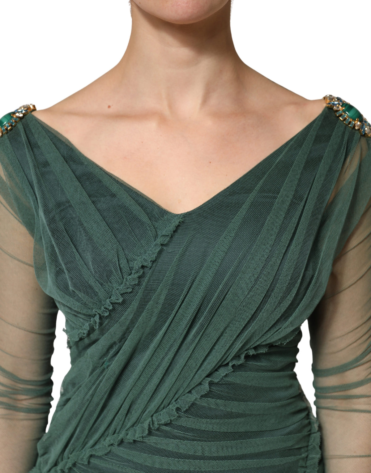 Dolce & Gabbana Green Ruched Mesh Sheer Sleeves Midi Women's Dress (Pre-Owned)