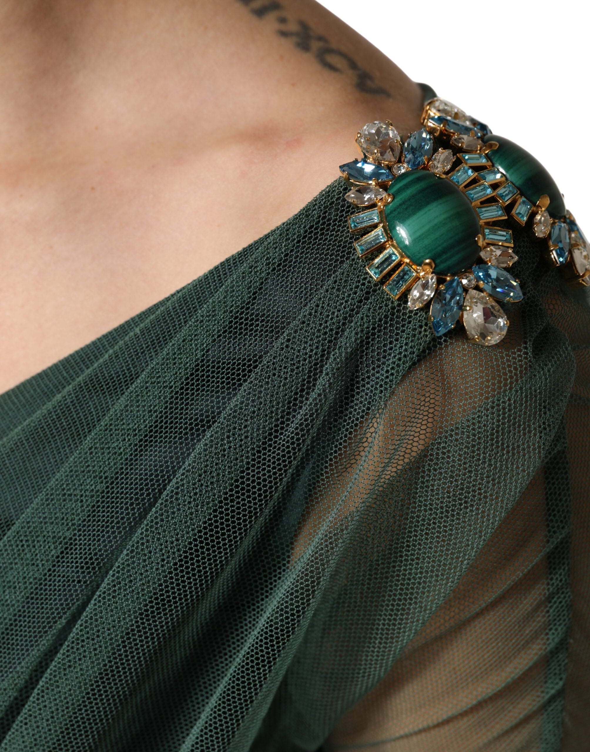Dolce & Gabbana Green Ruched Mesh Sheer Sleeves Midi Women's Dress (Pre-Owned)