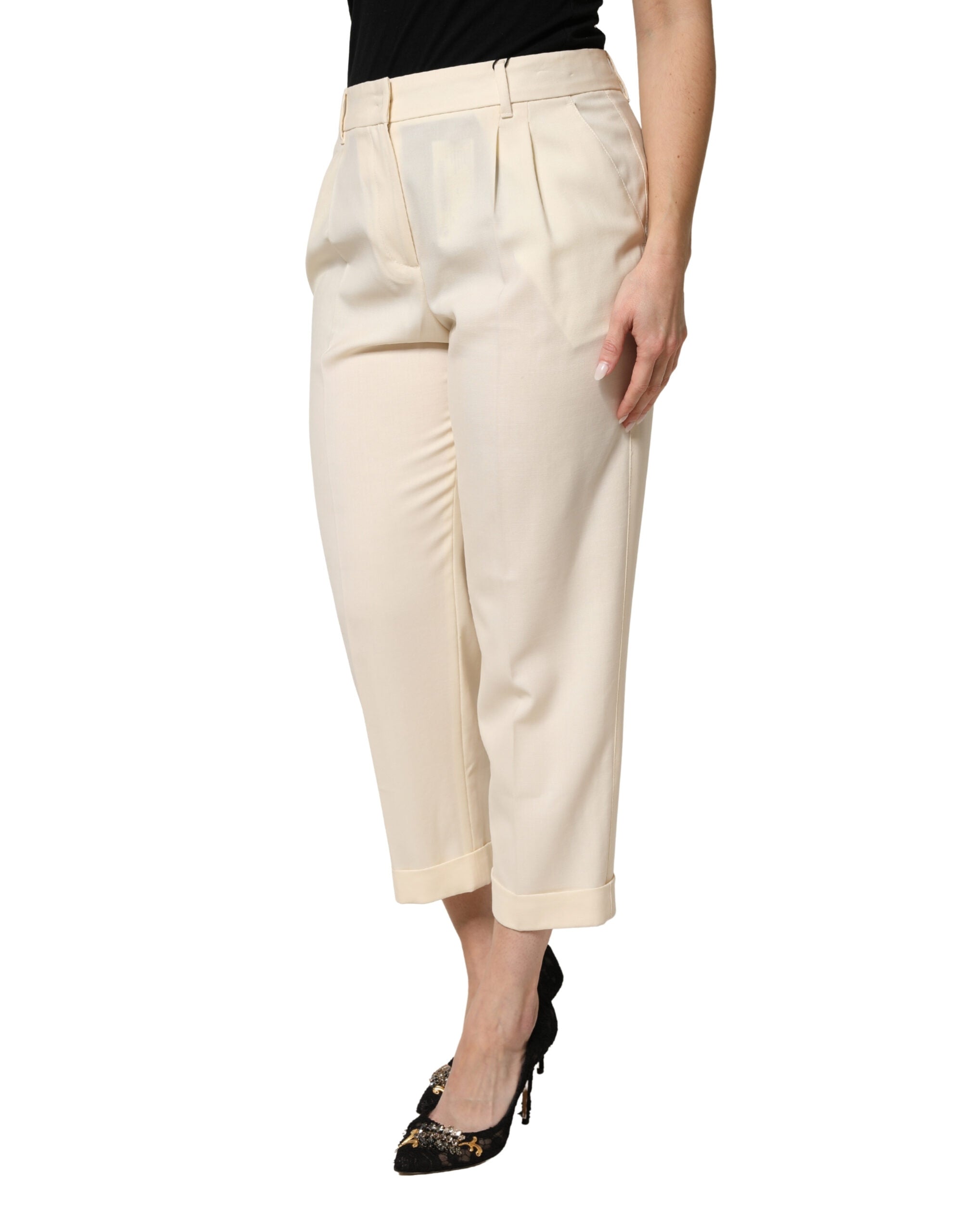 Dolce & Gabbana Ivory Wool Mid Waist Cropped Trouser Women's Pants