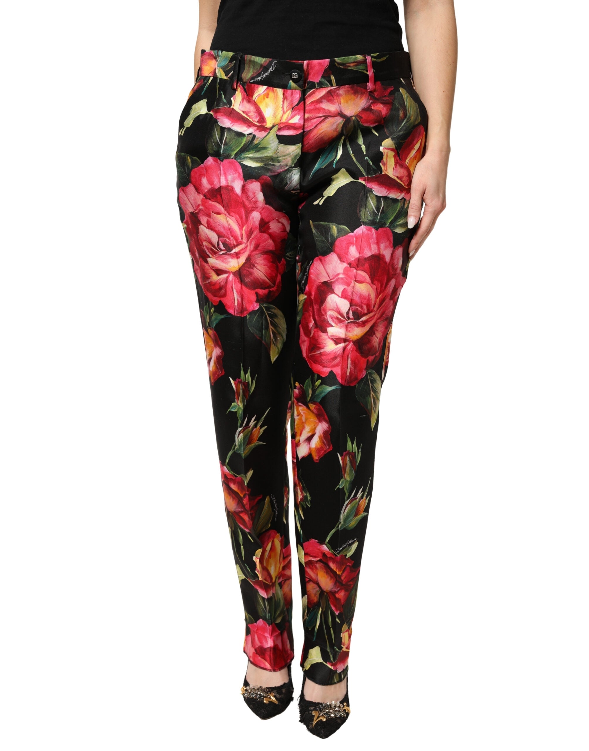Dolce & Gabbana Black Floral Silk Mid Waist Tailored Trousers Women's Pants (Pre-Owned)