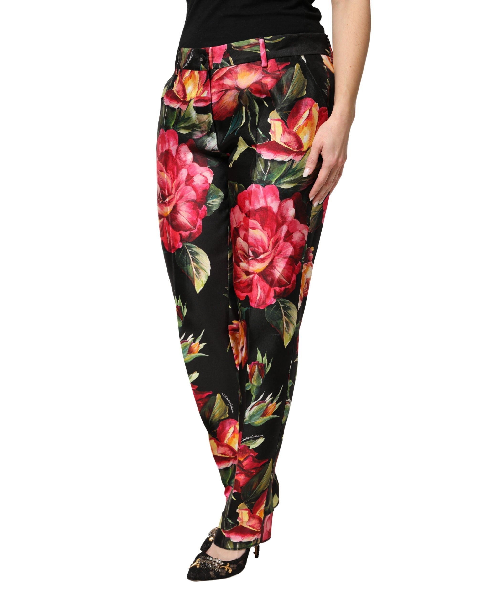 Dolce & Gabbana Black Floral Silk Mid Waist Tailored Trousers Women's Pants (Pre-Owned)