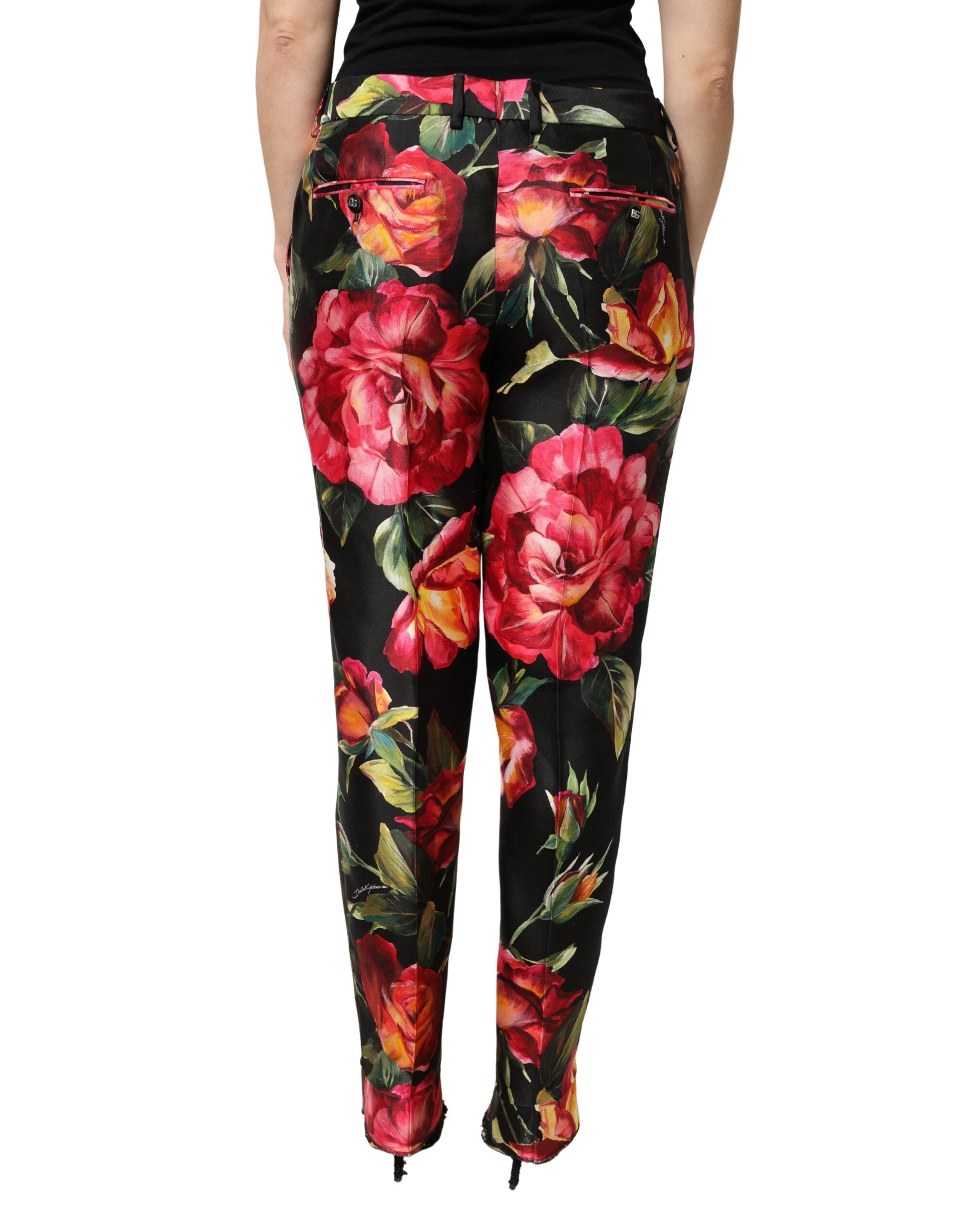 Dolce & Gabbana Black Floral Silk Mid Waist Tailored Trousers Women's Pants (Pre-Owned)