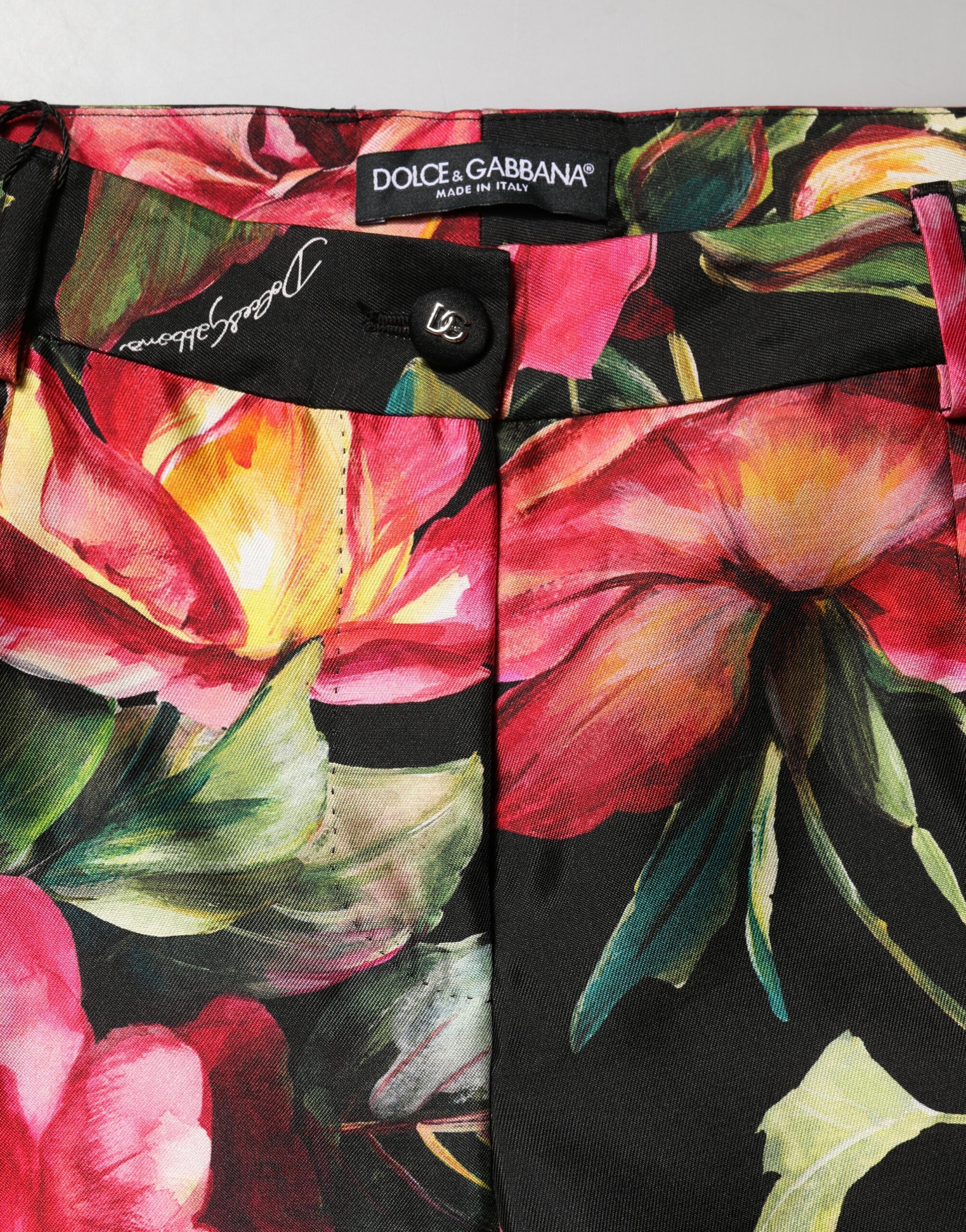 Dolce & Gabbana Black Floral Silk Mid Waist Tailored Trousers Women's Pants (Pre-Owned)