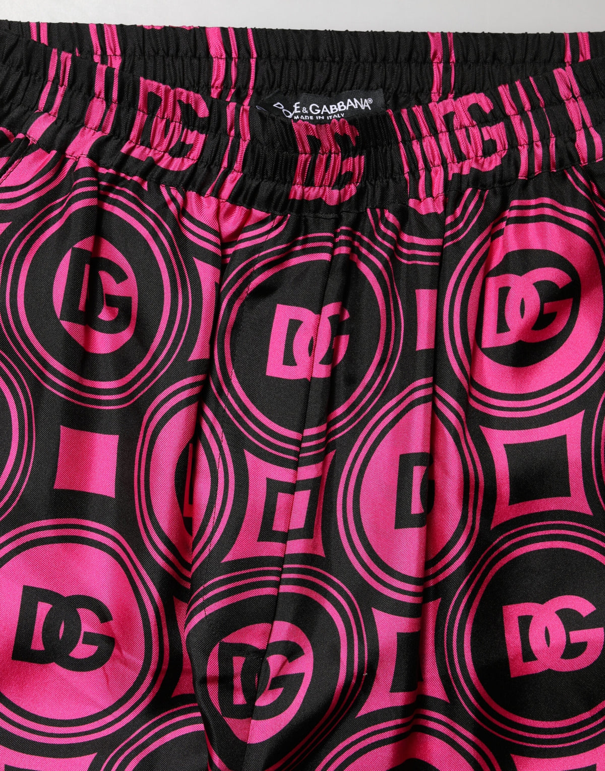 Dolce & Gabbana Black Fuchsia Silk Logo Elastic Waist Women's Shorts