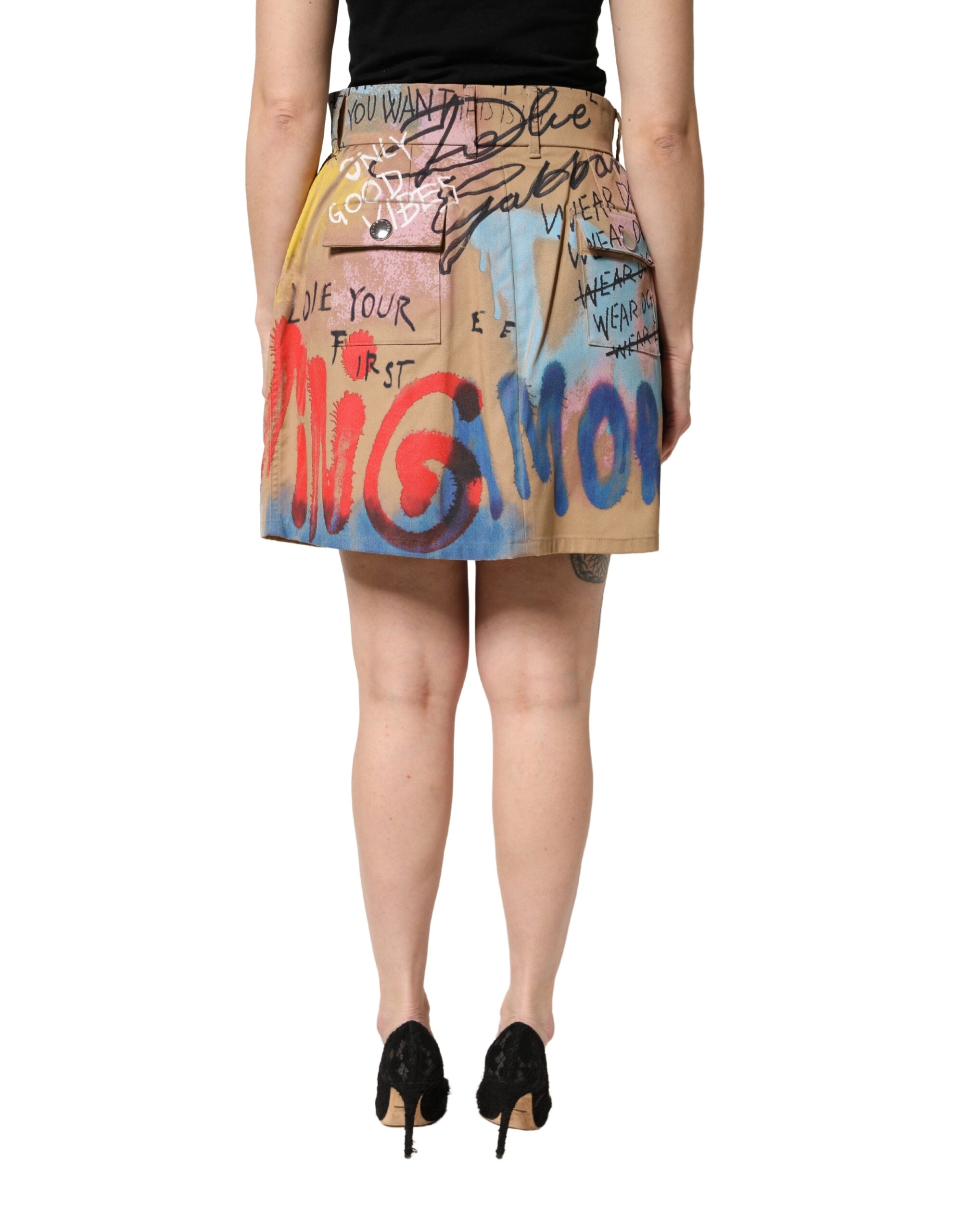 Dolce & Gabbana Beige Graffiti Print Cotton Blend Mini Women's Skirt