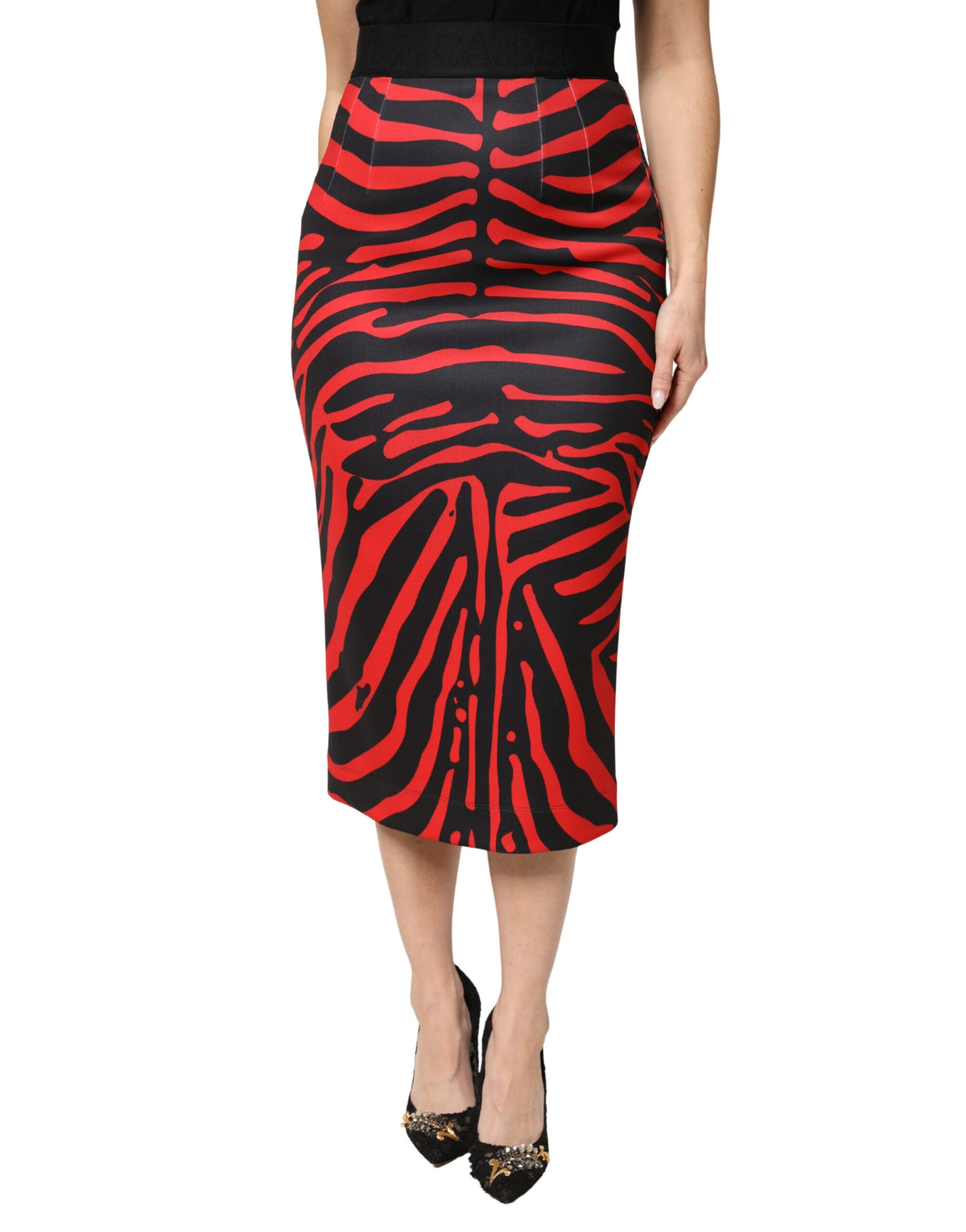 Dolce & Gabbana Red Black Zebra Print Polyester Pencil Midi Women's Skirt