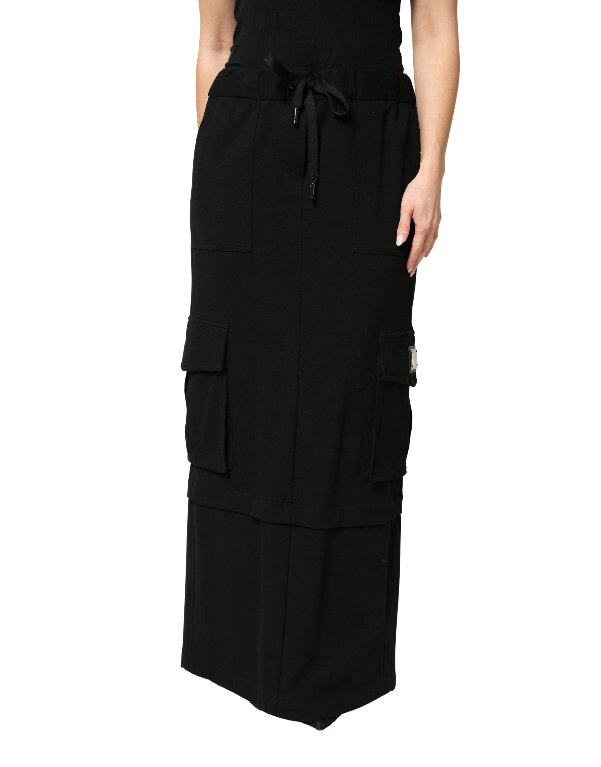 Dolce & Gabbana Black Cotton Drawstring Long Maxi Cargo Women's Skirt
