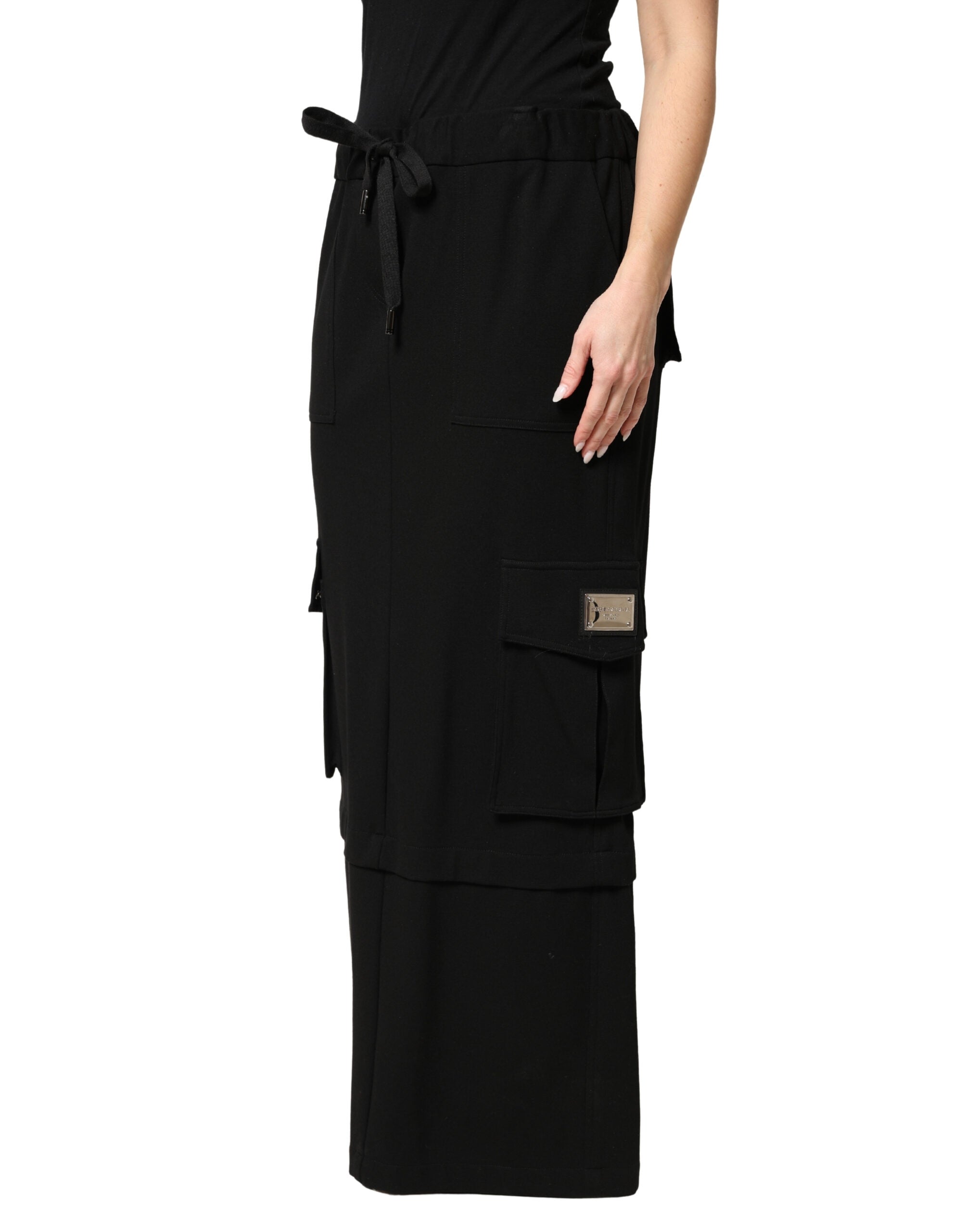 Dolce & Gabbana Black Cotton Drawstring Long Maxi Cargo Women's Skirt