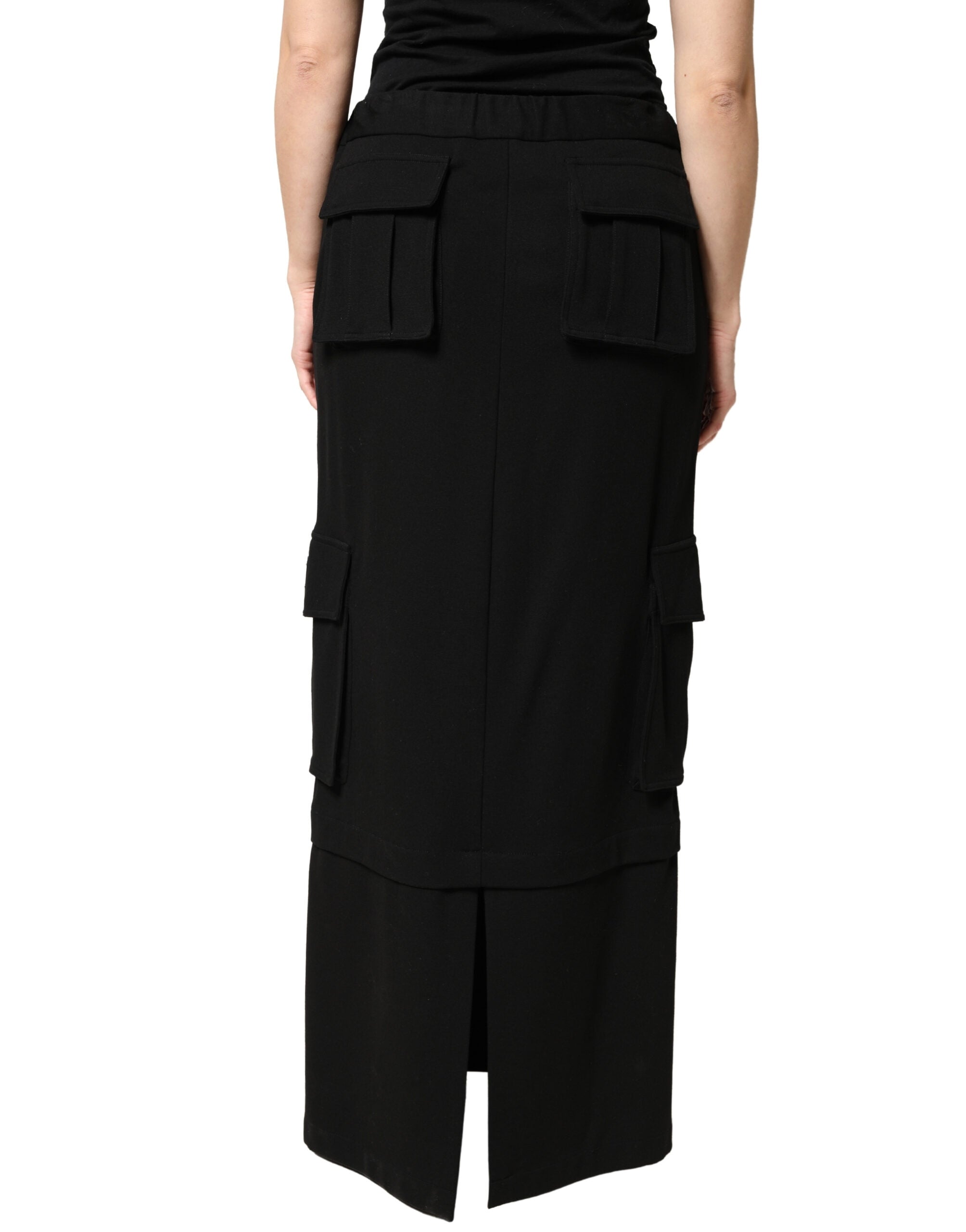 Dolce & Gabbana Black Cotton Drawstring Long Maxi Cargo Women's Skirt
