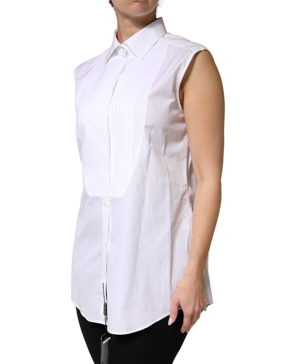 Dolce & Gabbana White Cotton Pleated Sleeveless Button Down Women's Top