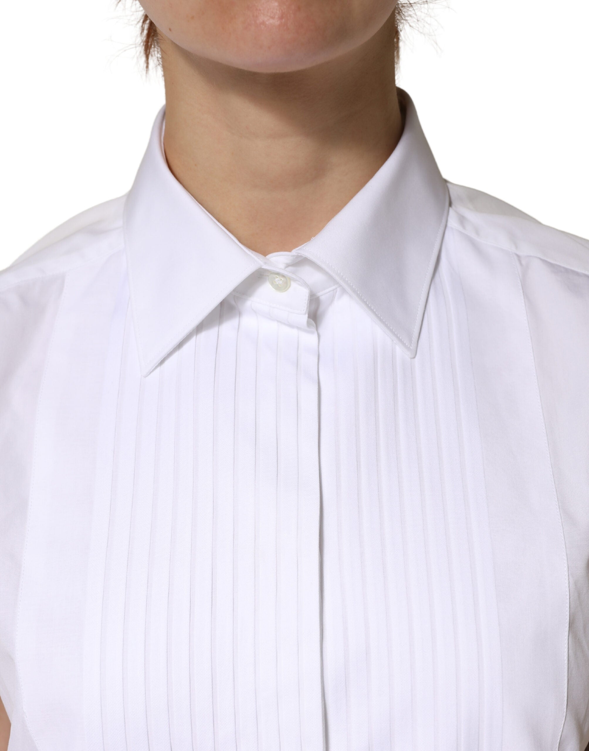 Dolce & Gabbana White Cotton Pleated Sleeveless Button Down Women's Top