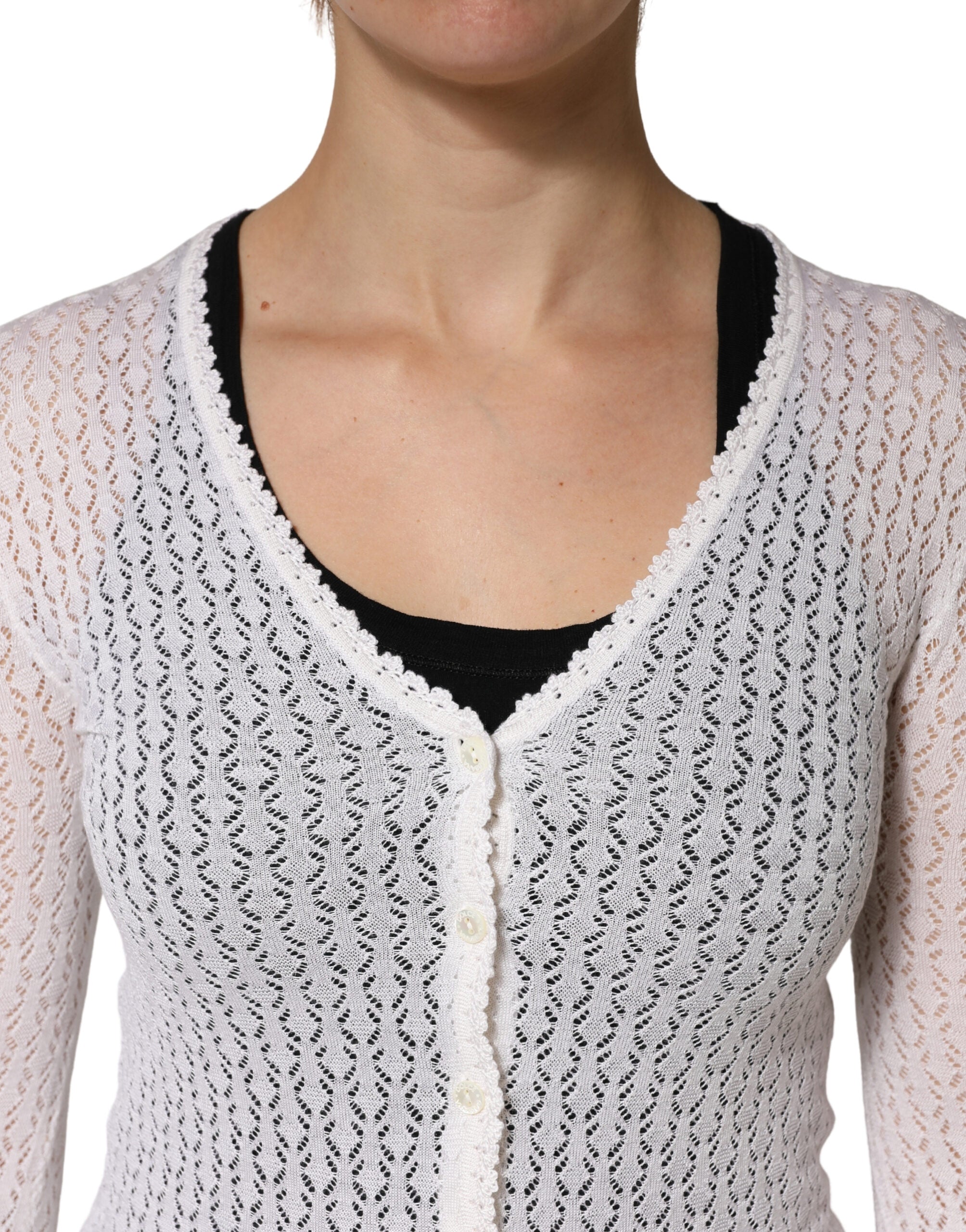 Dolce & Gabbana White Lace Silk Knit Long Sleeves Cardigan Women's Top (Pre-Owned)