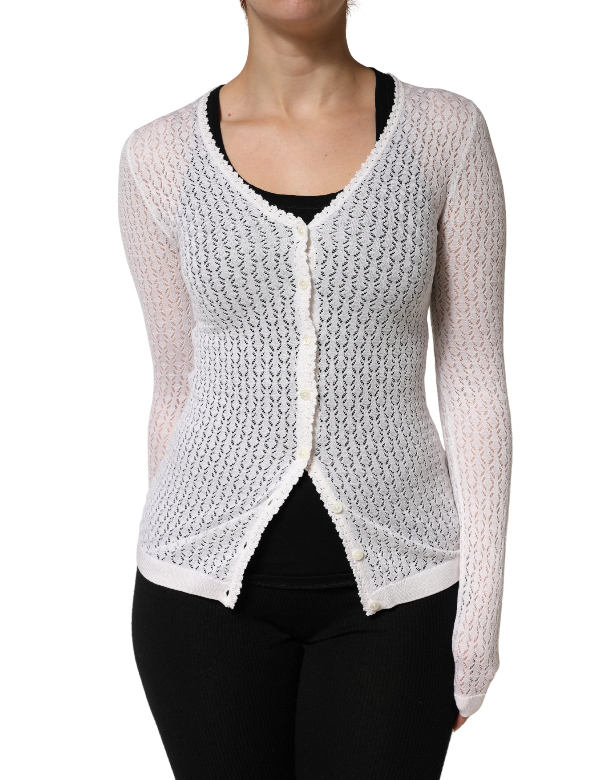 Dolce & Gabbana White Lace Silk Knit Long Sleeves Cardigan Women's Top (Pre-Owned)