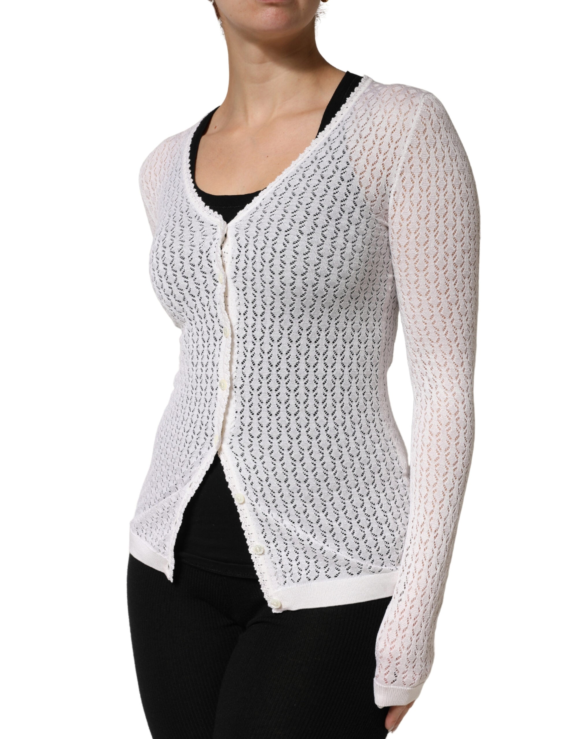 Dolce & Gabbana White Lace Silk Knit Long Sleeves Cardigan Women's Top (Pre-Owned)