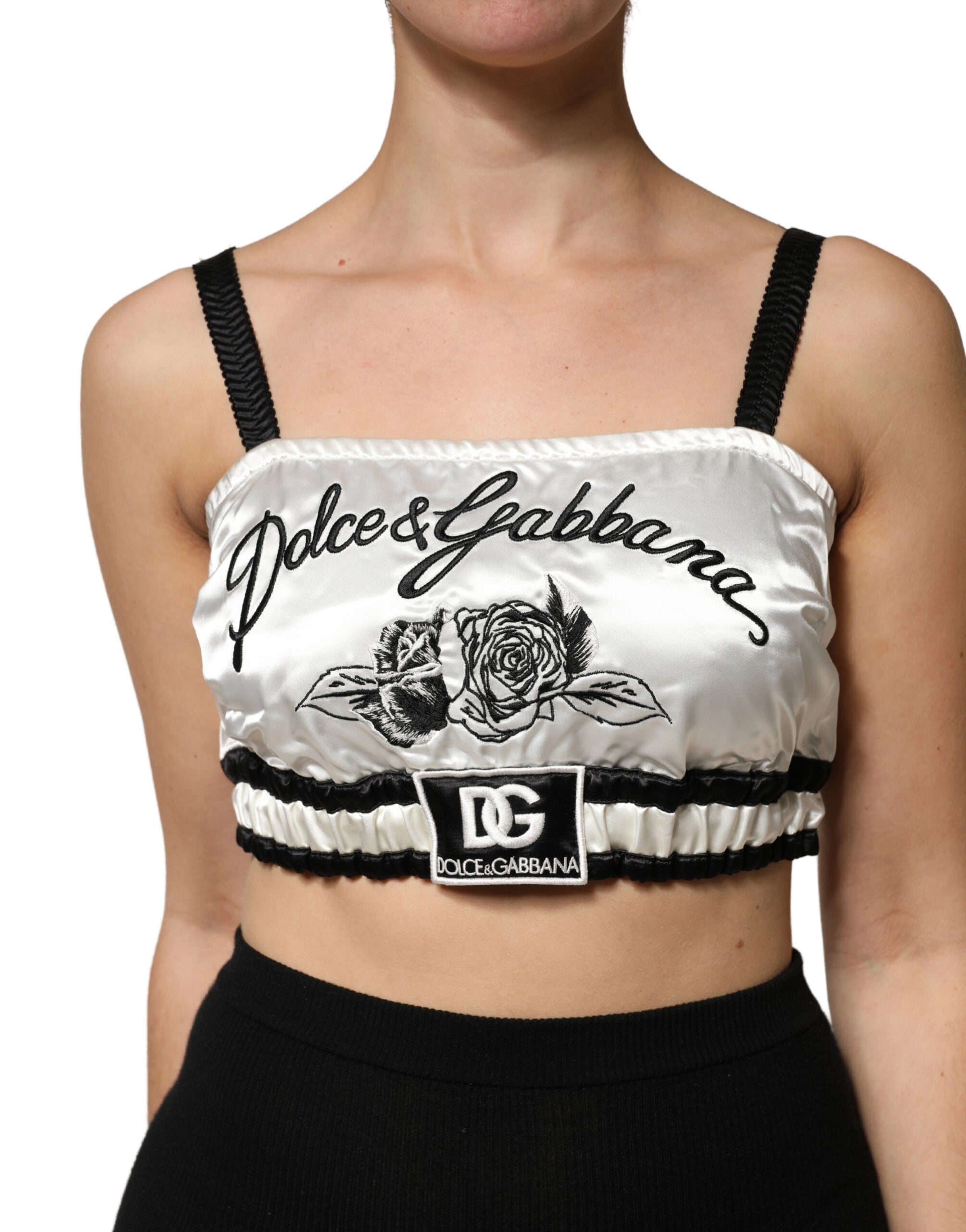 Dolce & Gabbana White Silk Satin Crop Black Logo Bralette Women's Top