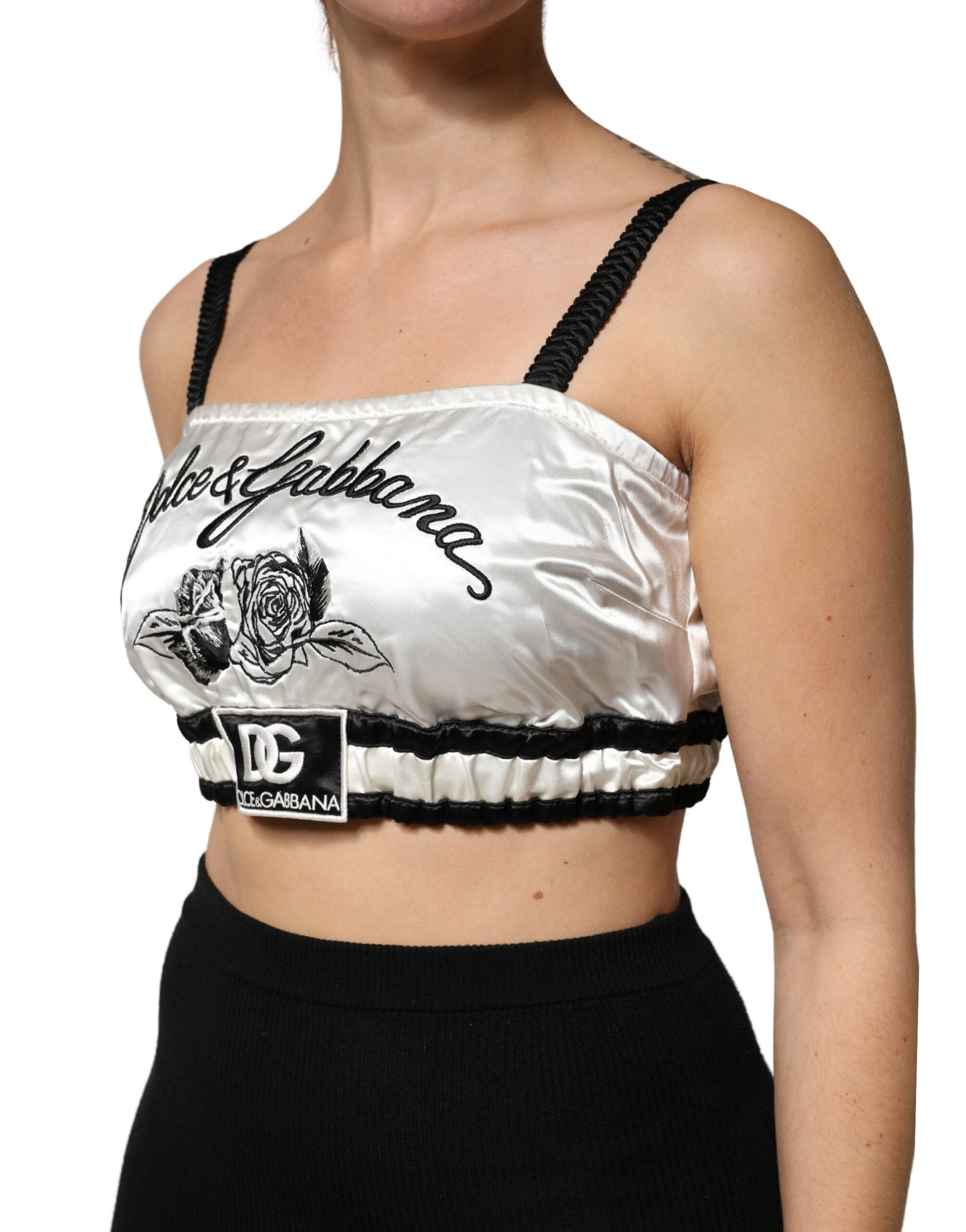 Dolce & Gabbana White Silk Satin Crop Black Logo Bralette Women's Top