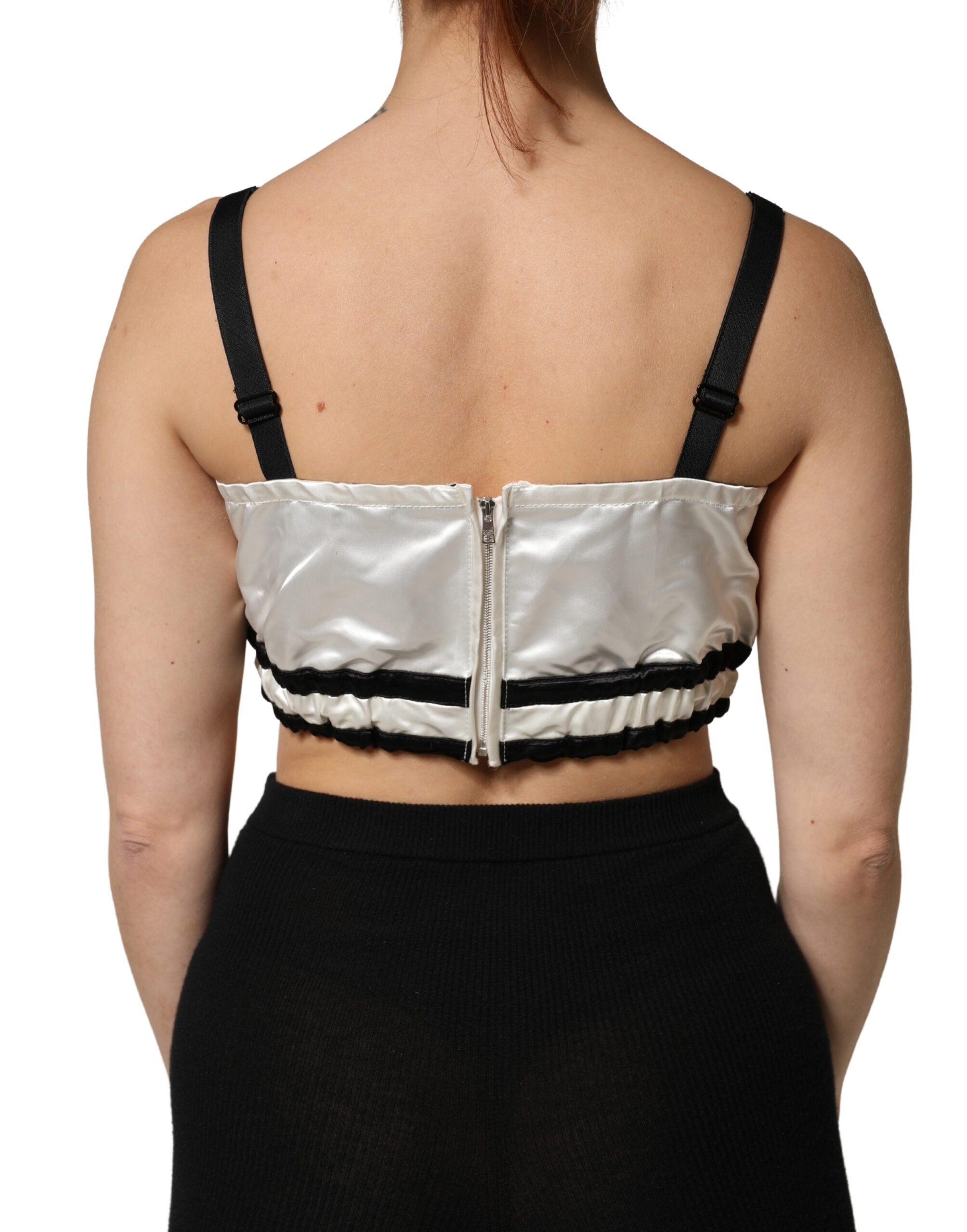 Dolce & Gabbana White Silk Satin Crop Black Logo Bralette Women's Top