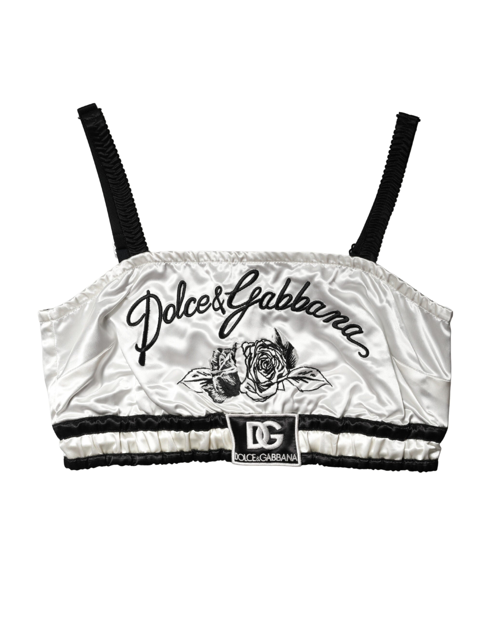 Dolce & Gabbana White Silk Satin Crop Black Logo Bralette Women's Top