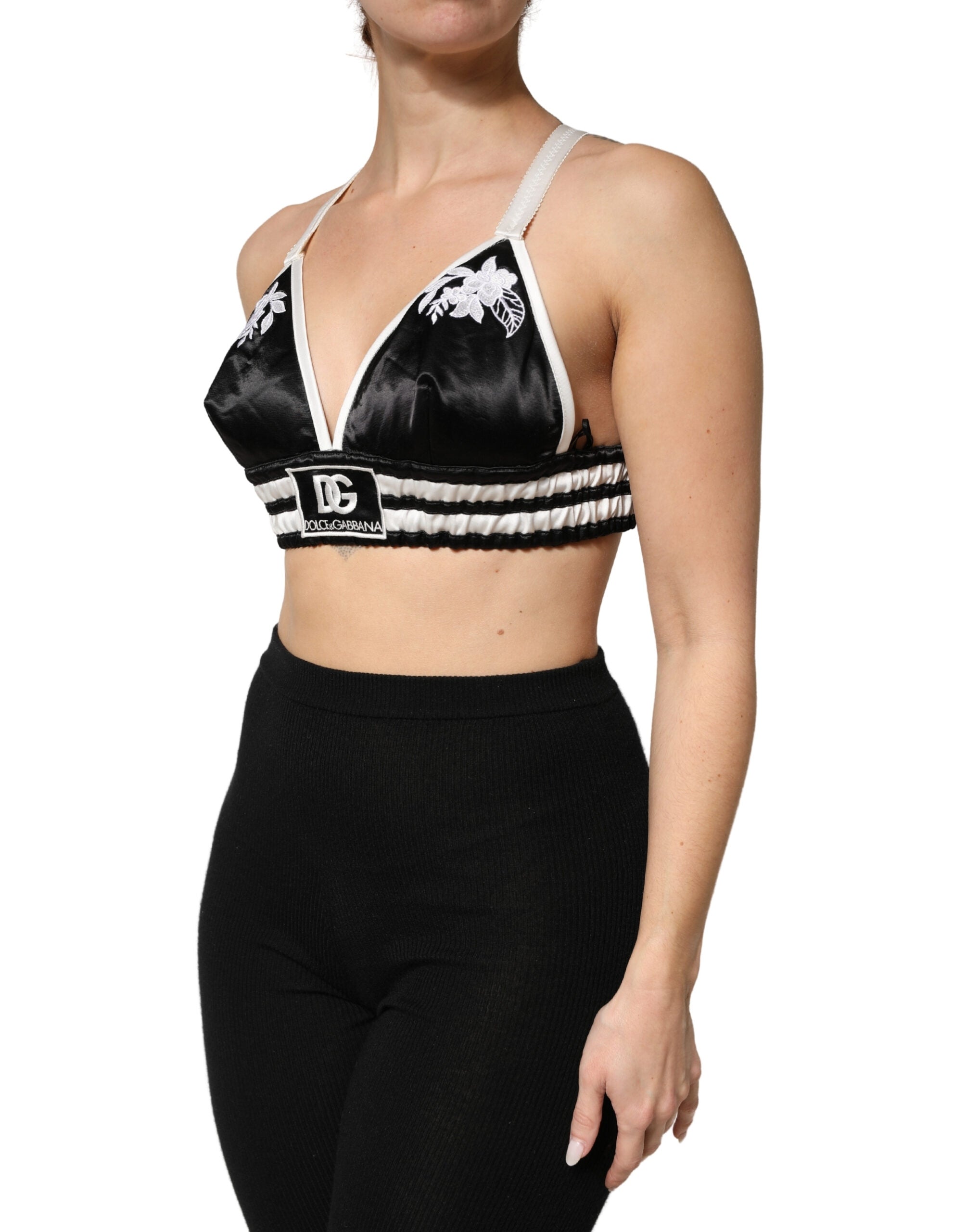 Dolce & Gabbana Black Floral Silk Satin Crop Logo Bralette Women's Top