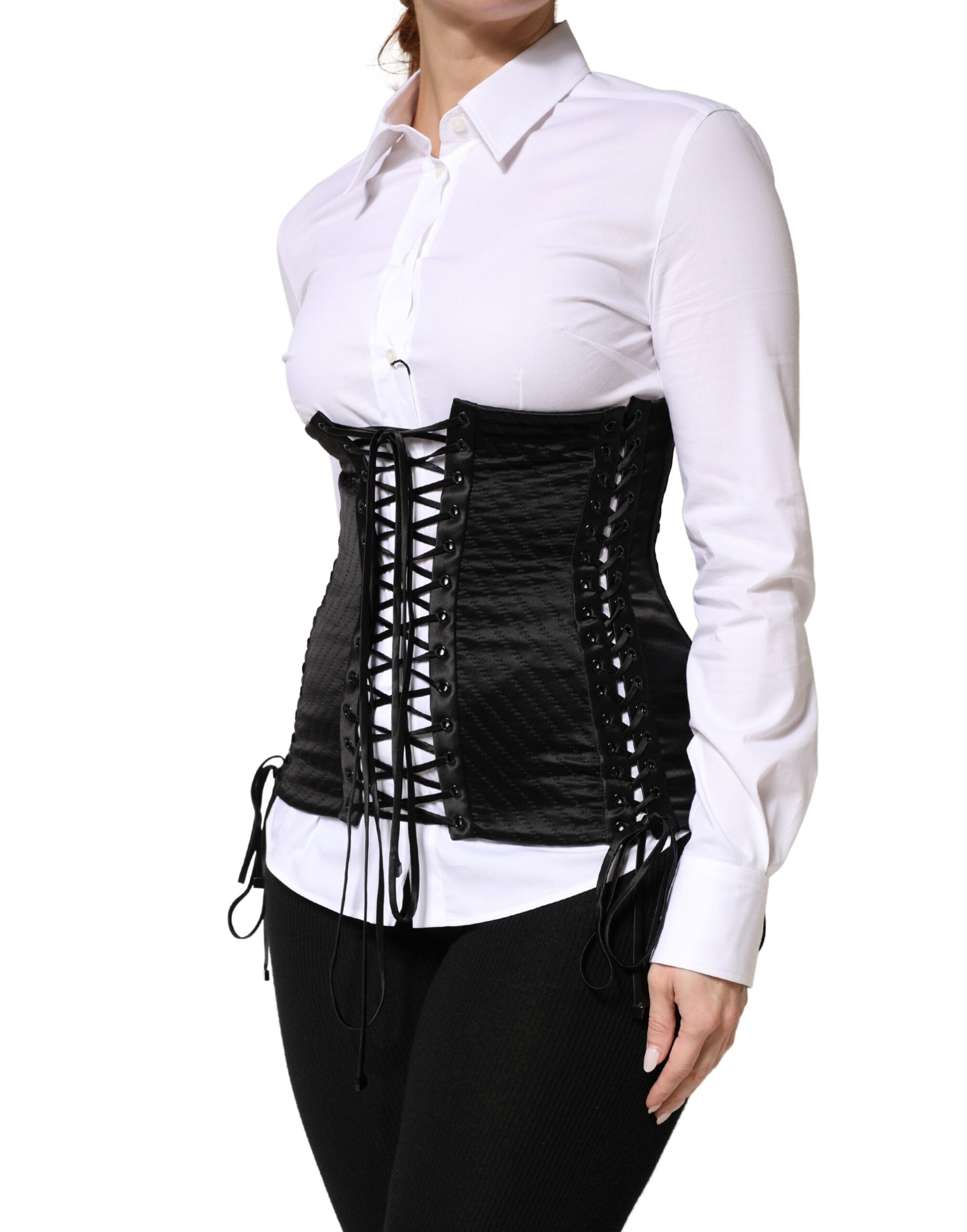 Dolce & Gabbana Black Silk Lace-Up Waist Cincher Corset Women's Top