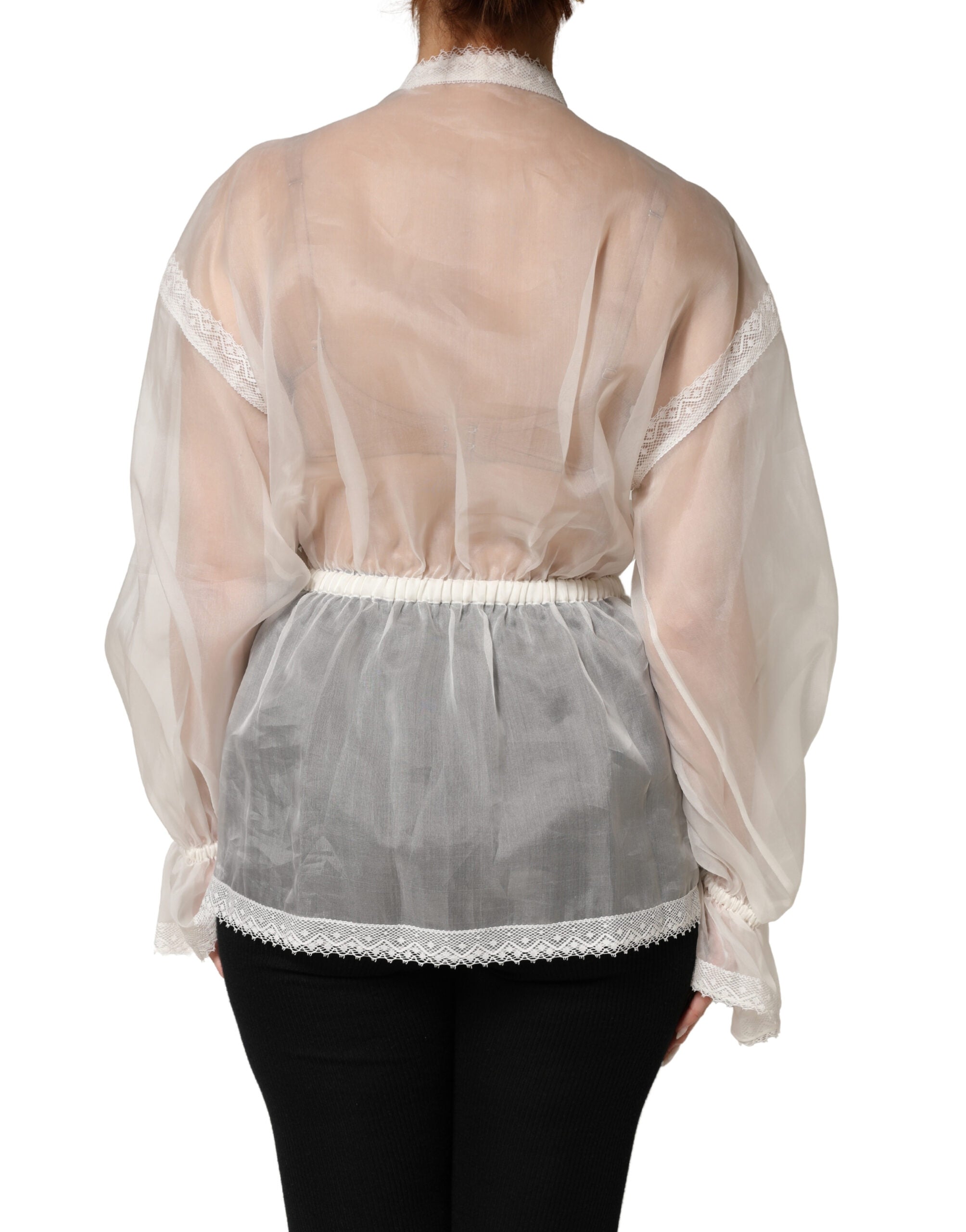 Dolce & Gabbana White Sheer Silk Blouse Lace Bow Tie Blouse Women's Top (Pre-Owned)