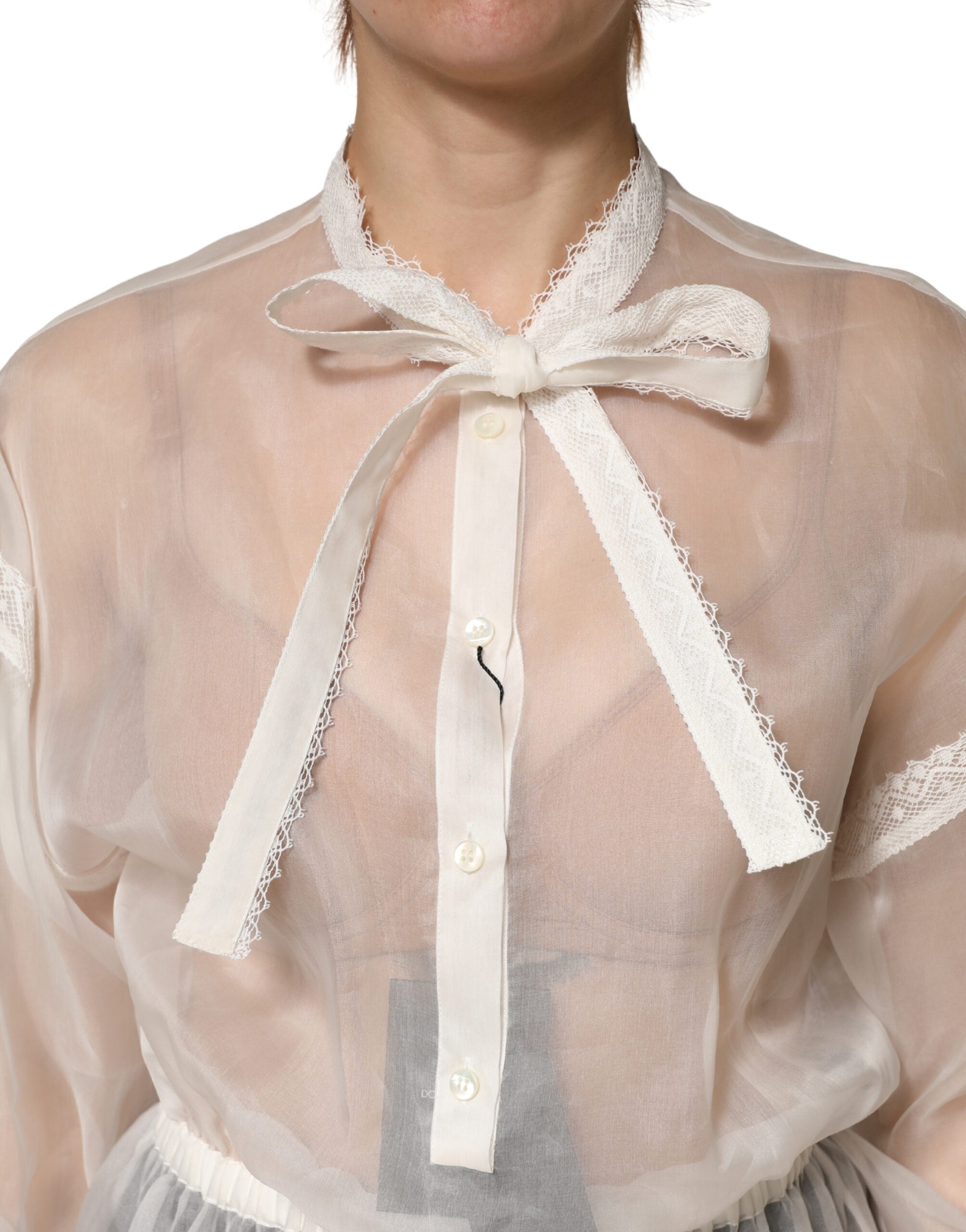 Dolce & Gabbana White Sheer Silk Blouse Lace Bow Tie Blouse Women's Top (Pre-Owned)