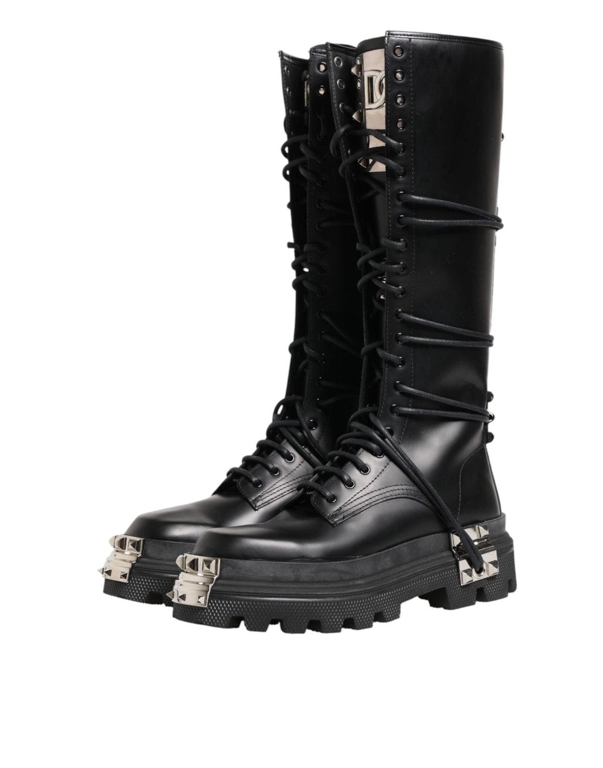 Dolce & Gabbana Black Leather Knee High Combat Boots Men's Shoes