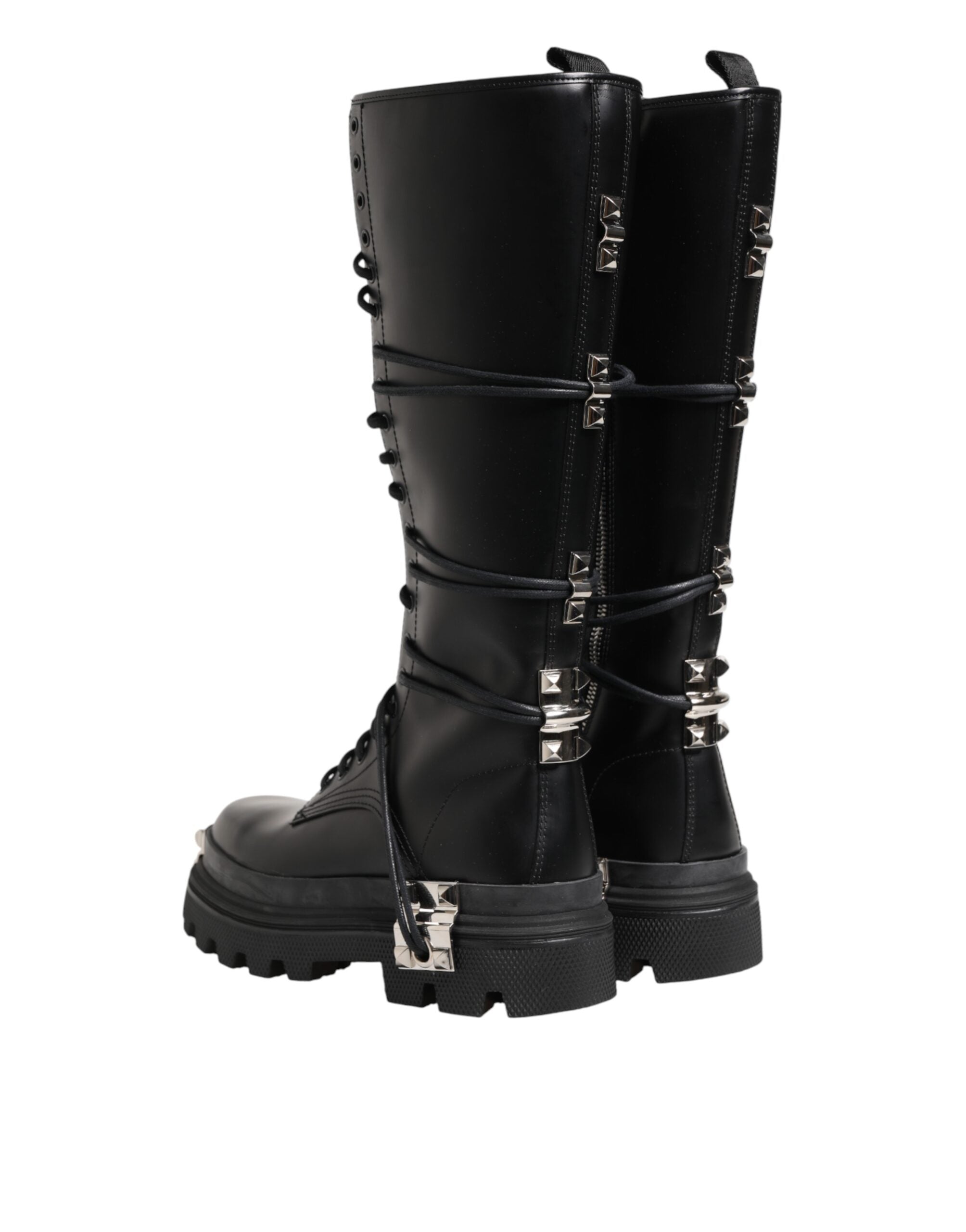 Dolce & Gabbana Black Leather Knee High Combat Boots Men's Shoes