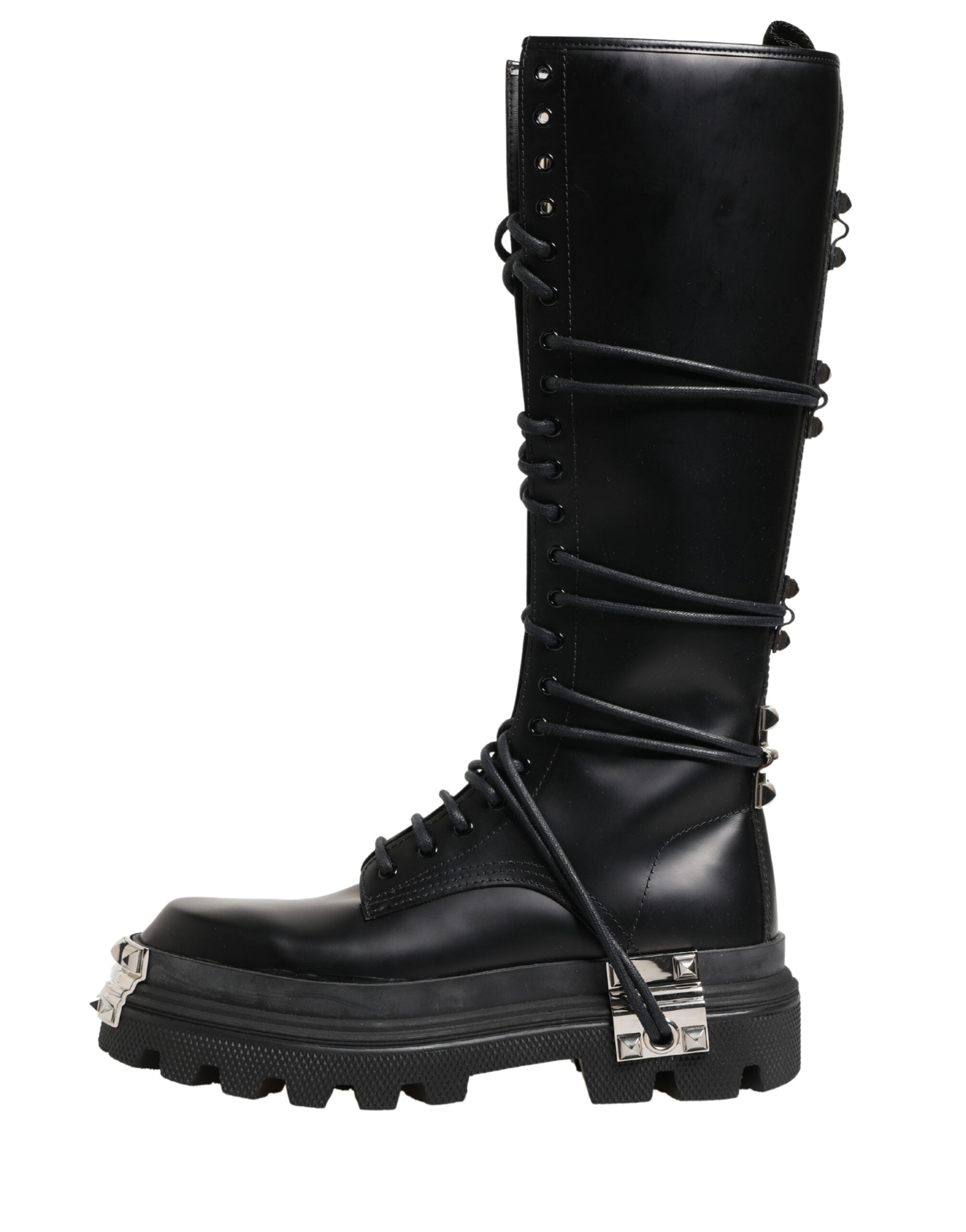 Dolce & Gabbana Black Leather Knee High Combat Boots Men's Shoes
