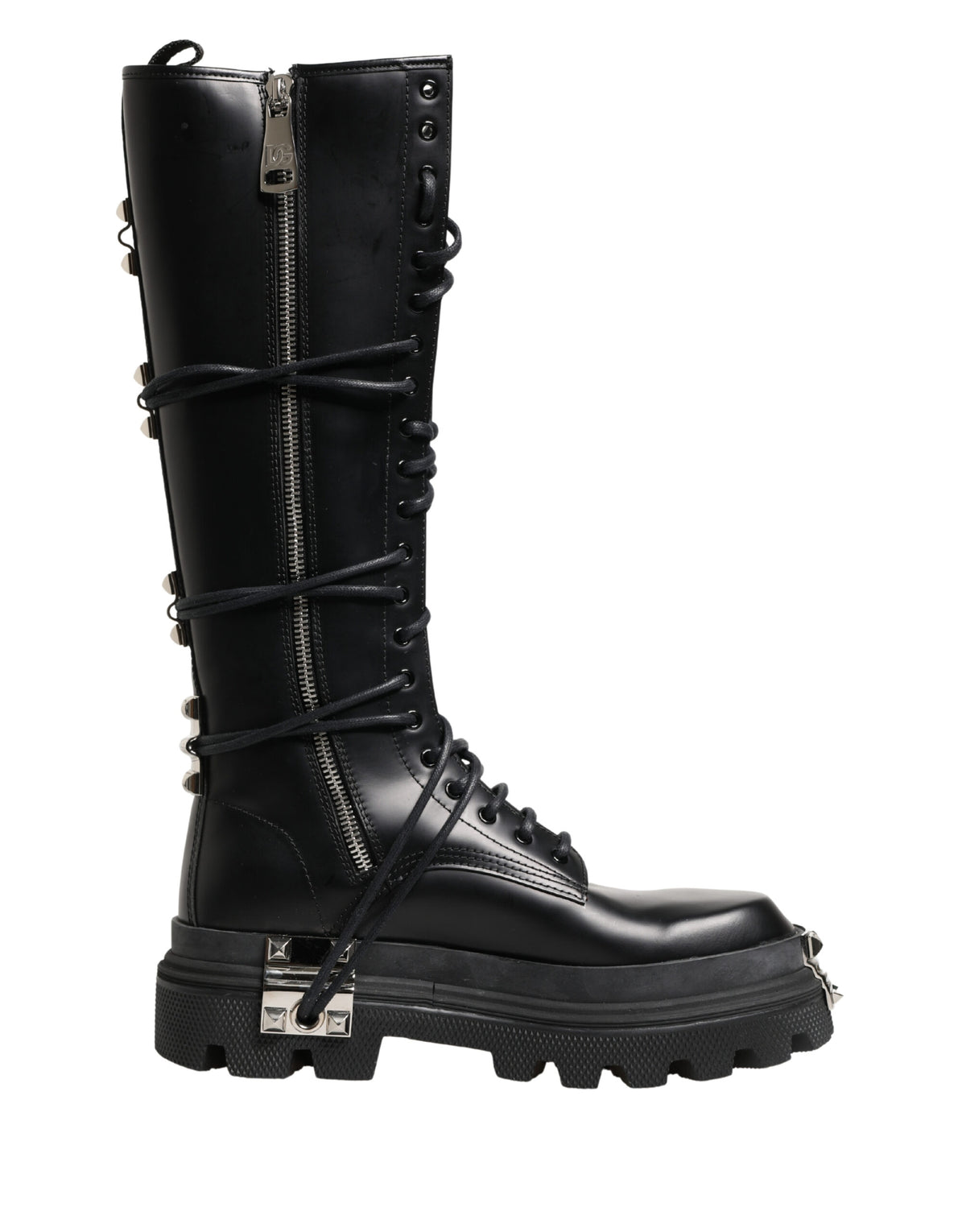 Dolce & Gabbana Black Leather Knee High Combat Boots Men's Shoes