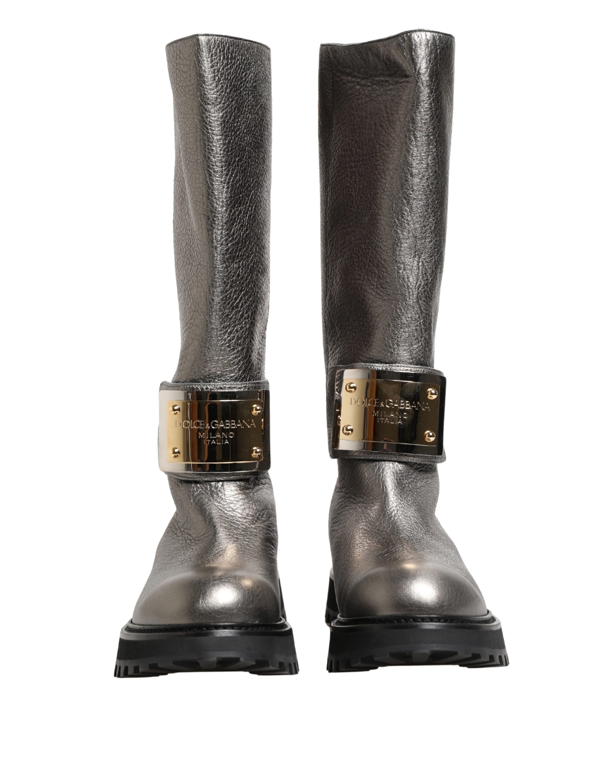 Dolce & Gabbana Metallic Silver Leather Mid Calf Boots Men's Shoes