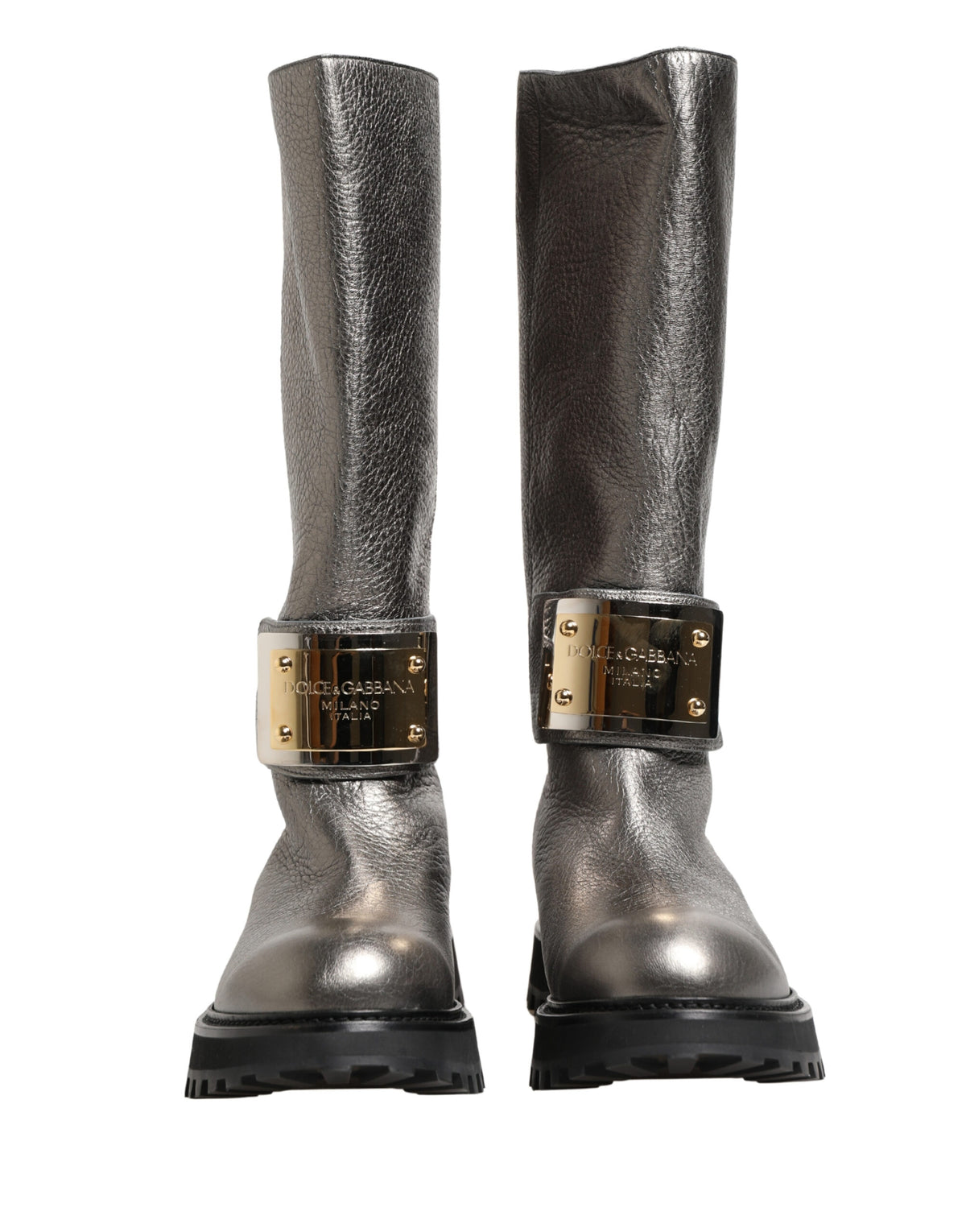 Dolce & Gabbana Metallic Silver Leather Mid Calf Boots Men's Shoes