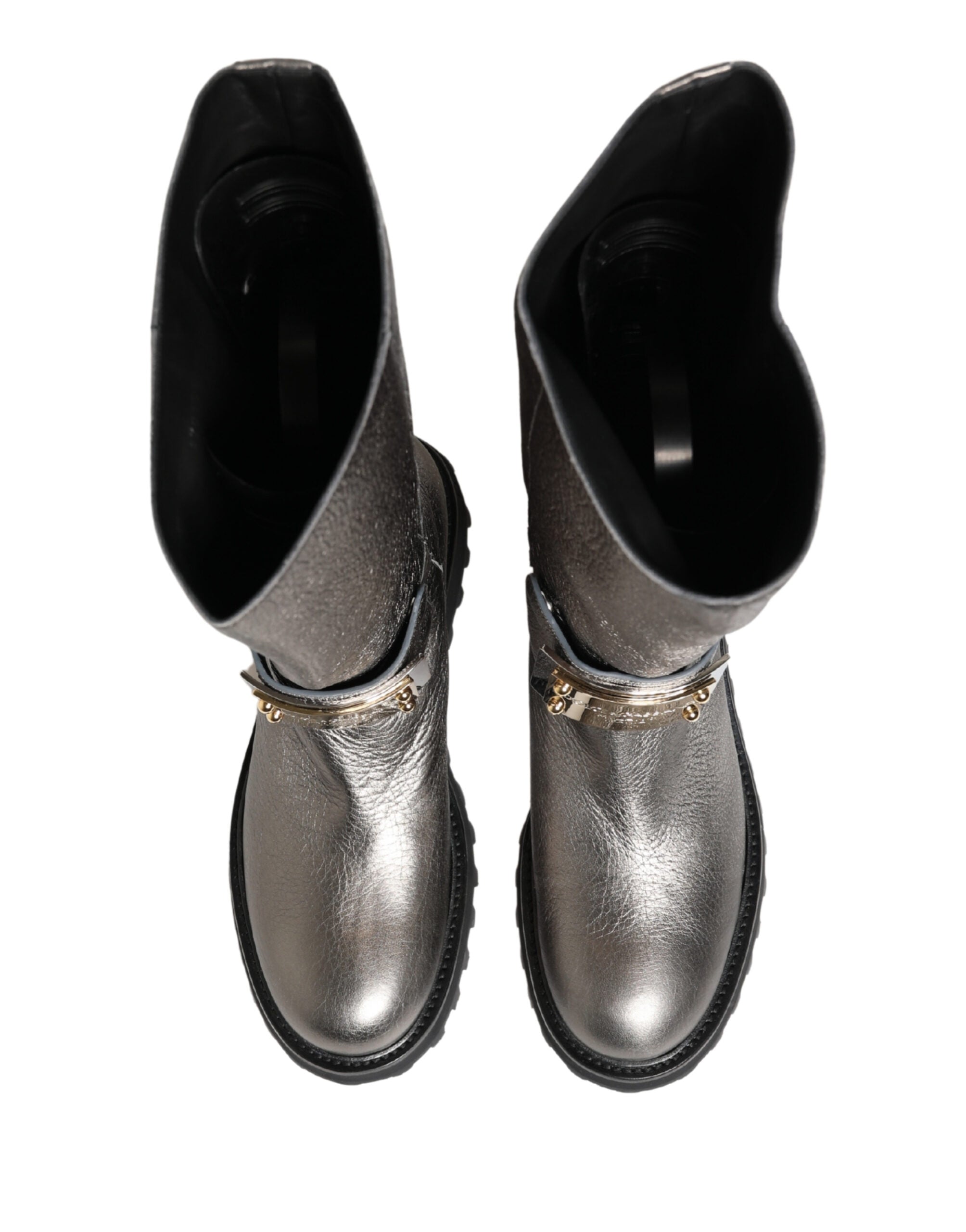 Dolce & Gabbana Metallic Silver Leather Mid Calf Boots Men's Shoes