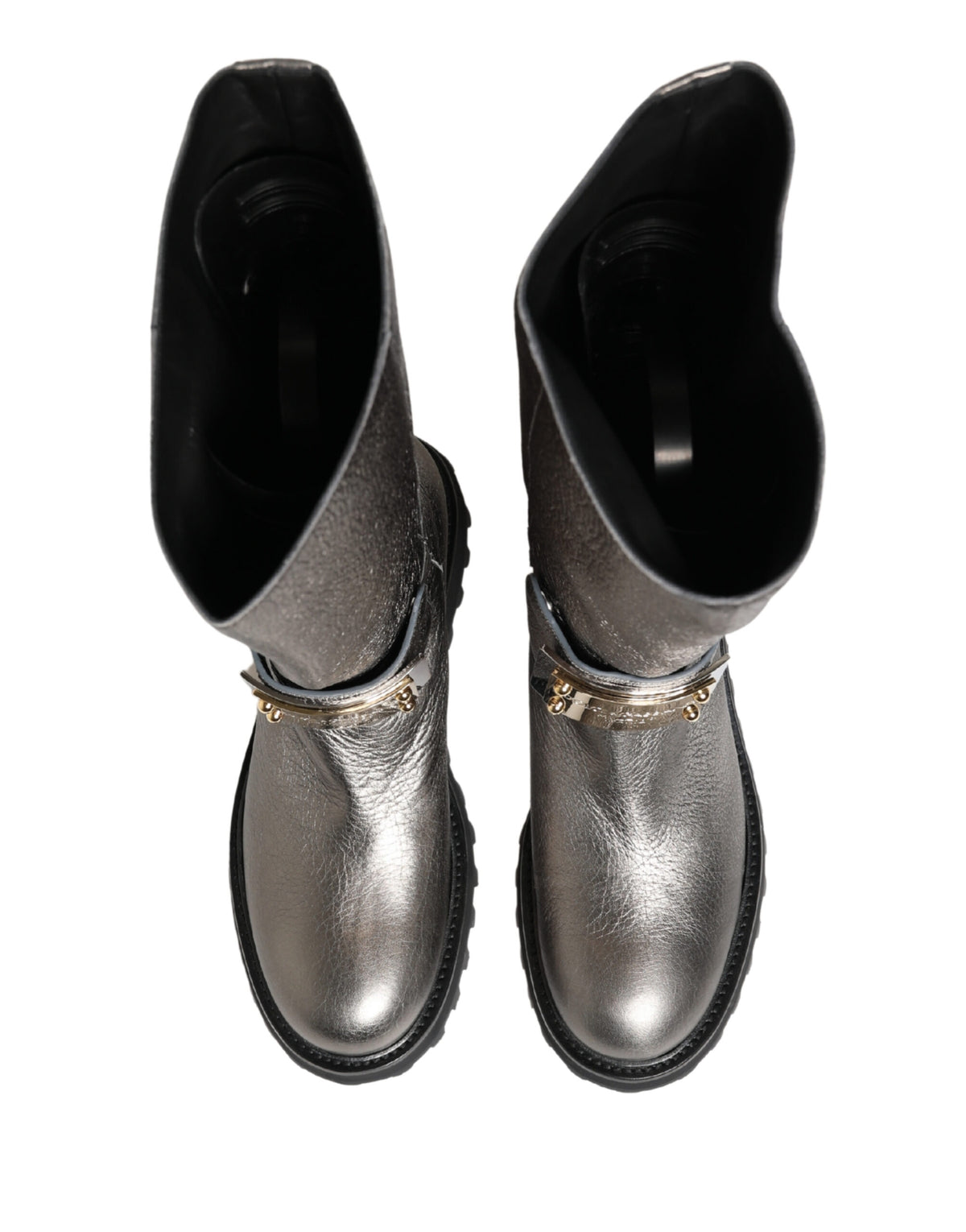 Dolce & Gabbana Metallic Silver Leather Mid Calf Boots Men's Shoes